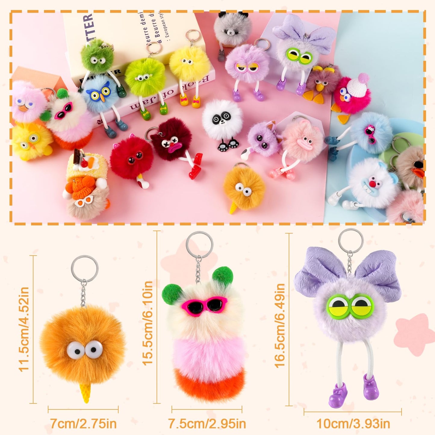 Plush Keychains Bulk for Kids, 24Pcs Cute Fuzzy Pom Pom Ball Keychain Toys with Legs Party Favor for Boys Girls Kids Classroom Gifts Prizes Valentines Christmas Gift Goodie Bag Filler Backpack Charms