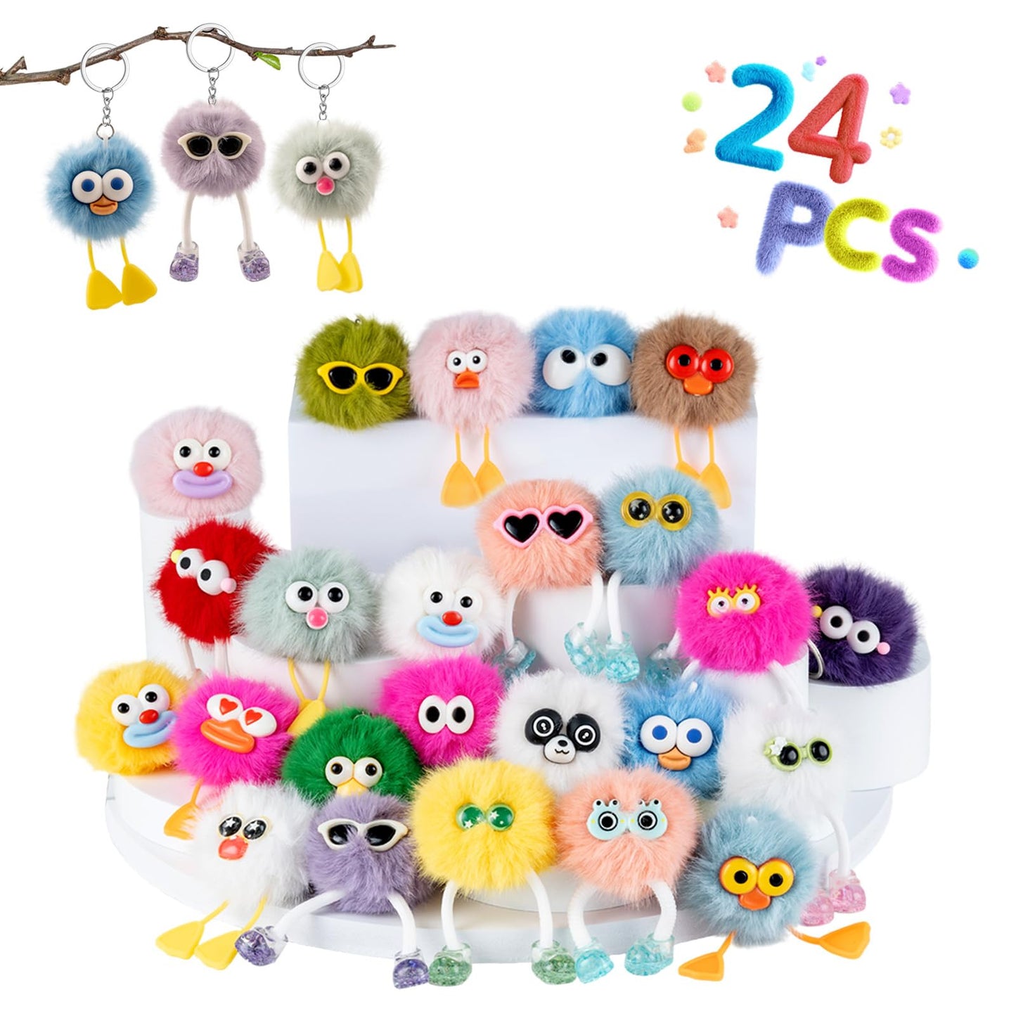 24PCs Cute Keychains for Kids - Plush Keychain Bulk Party Favors for Kids 8-12 Birthday Goodie Bags Stuffers Key Chains Bulk Classroom Prizes Elementary Pinata Fillers Backpack Charms Treasure Box