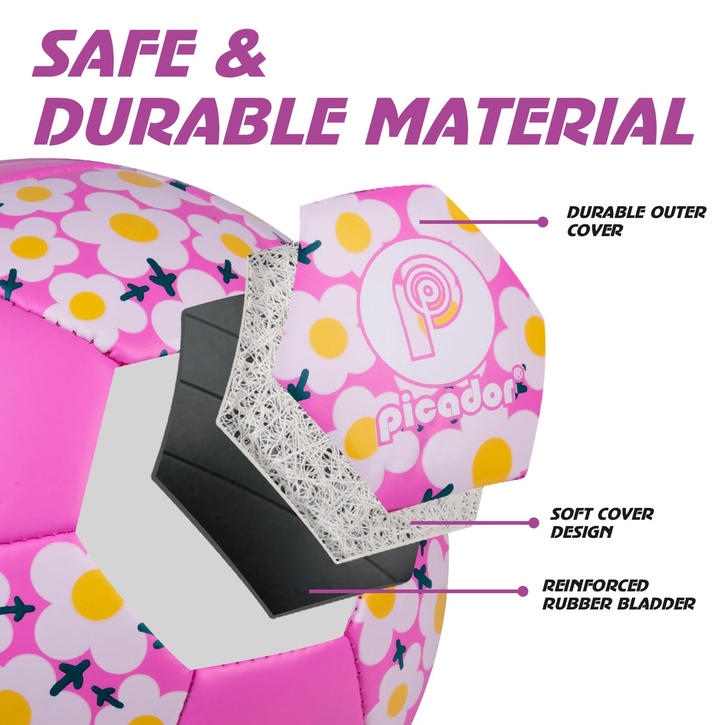 Picador Soccer Ball Size 4 Girls, Pink Flower Kids Soccer Ball for 6-8 8-12 Youth Children Teens Outdoors Sports Training Ball with Pump