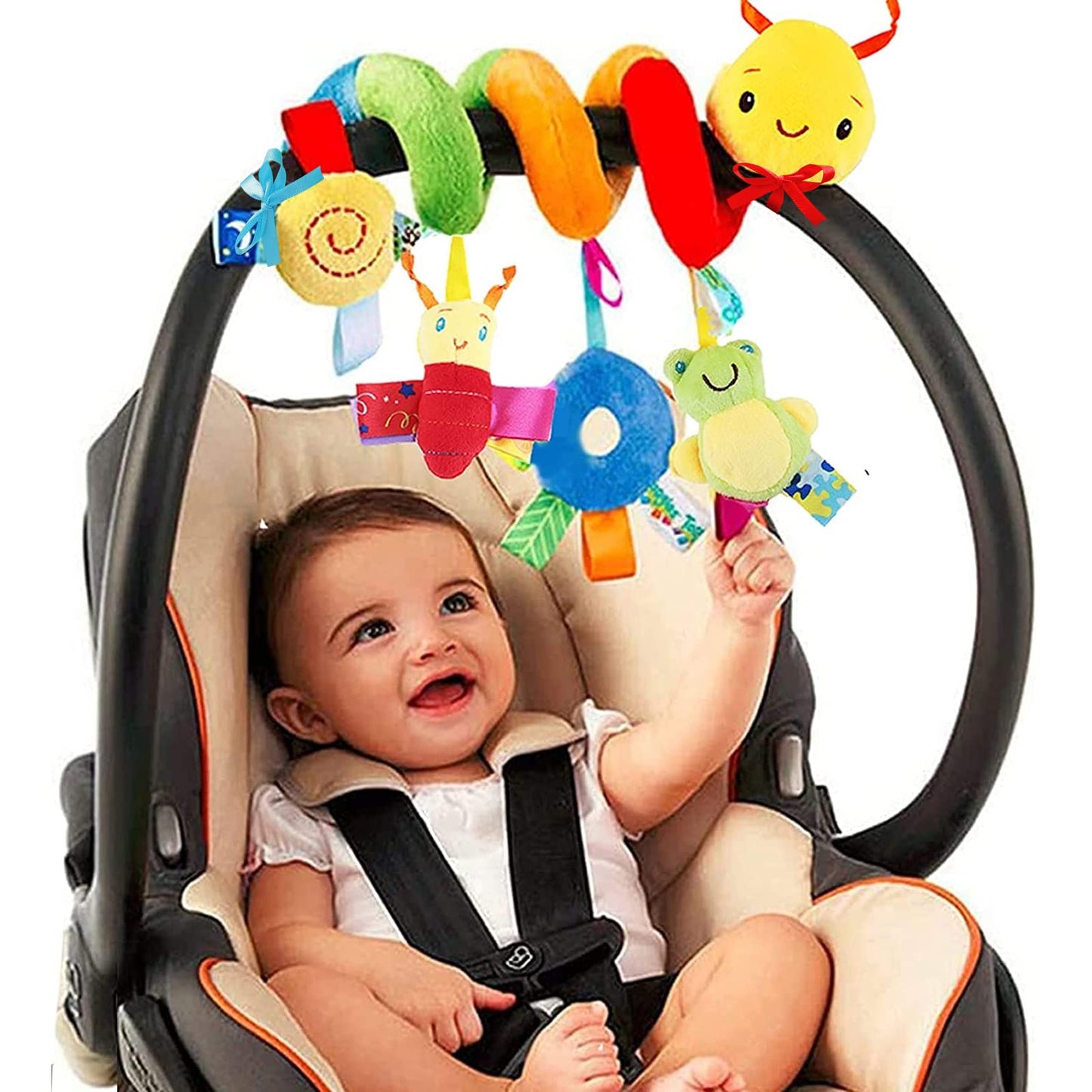 Spiral Car Seat Activity Toy, Stroller Arch Toy, Baby Crib Toys Hanging for Infant Boy Girl Ages 0-12 Months, Newborn Sensory Toy with Rattle, Squeaky, Ringing Bell for Bassinet, Stroller, Crib