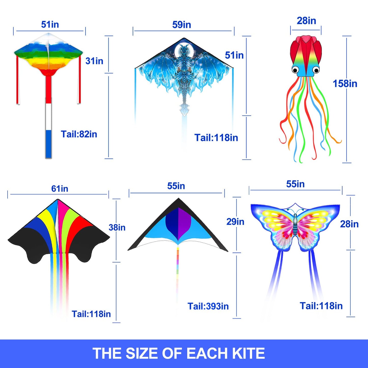 Kites for Kids & Adults, Beach Set for Beginners, Easy to Fly Large Kites Pack for Boys and Girls, 300ft Kite String Included, Perfect for Outdoor Activities (6 Pack)