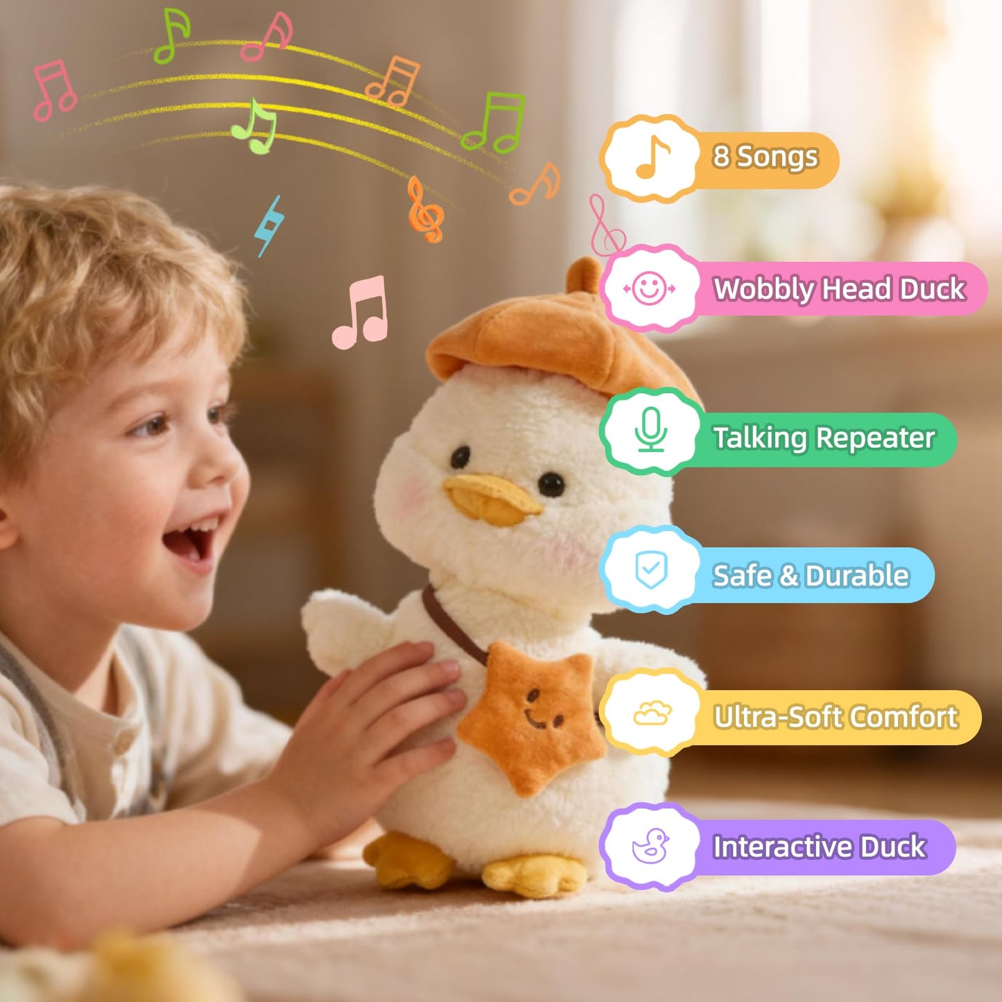 Plush Interactive Talking Duck Toy for Baby Toddler, Toys Boys Girls Gifts Singing Mimicking Repeating What You Say,Head Sway Duck with 8 English Songs for Toddlers 1-3 Years Old, White
