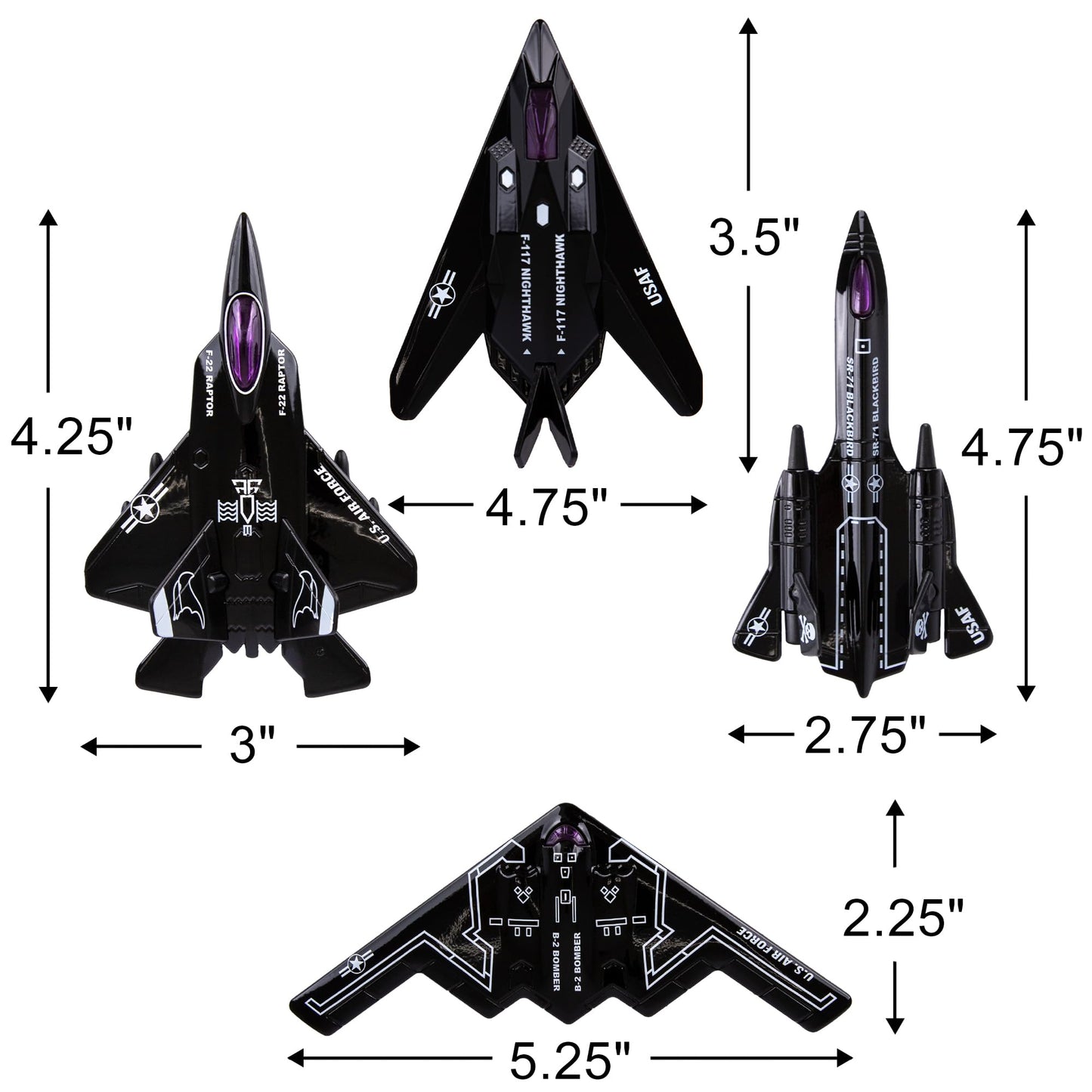 ArtCreativity Diecast Stealth Bomber Toy Jets with Pullback Action, Diecast Metal Jet, Airplane Toys, B-2 Bomber, SR-71 Blackbird, F-22 Raptor and F-117 Nighthawk, Military Toys for Kids