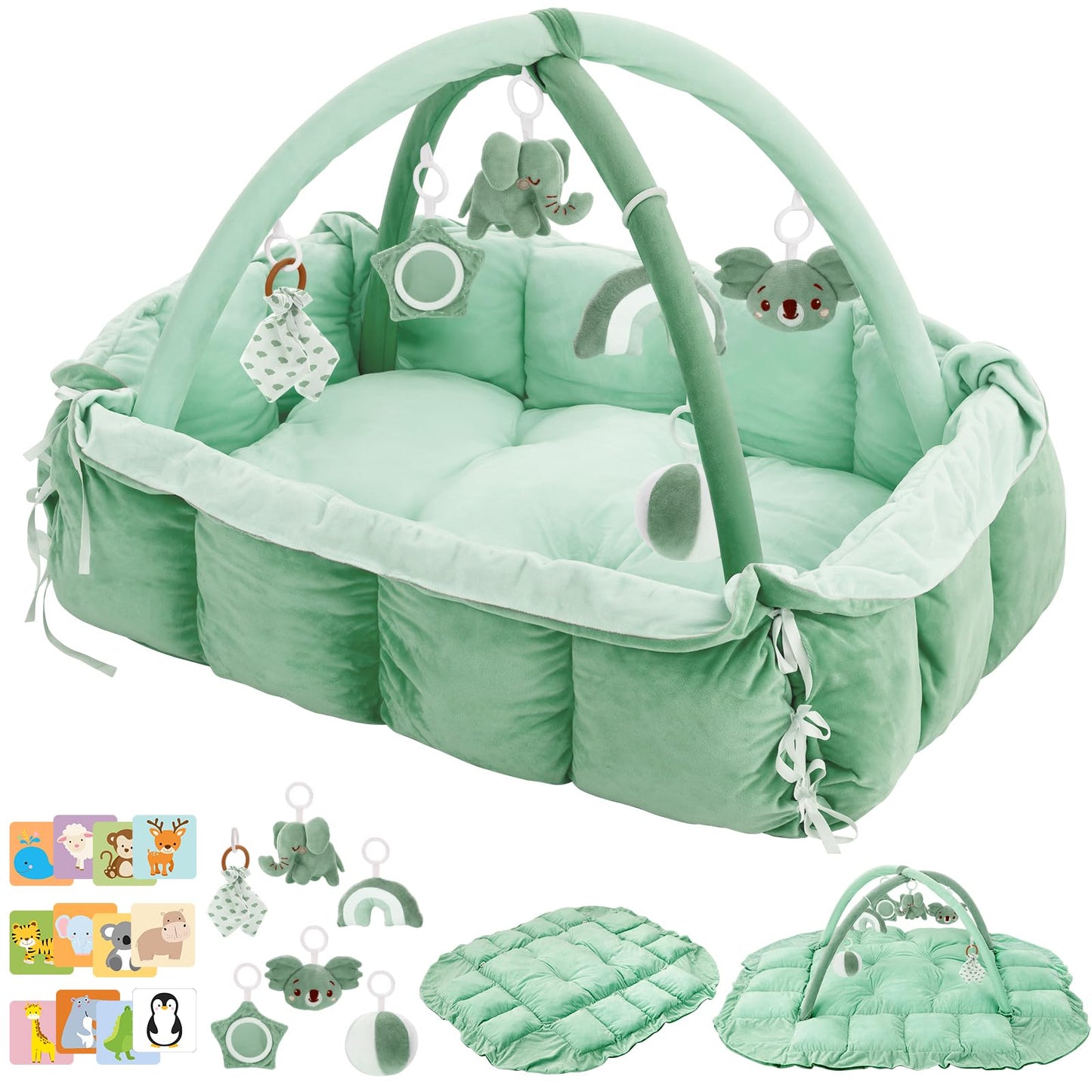 5-in-1 Baby Play Gym and Tummy Time Mat, 12 Learning Cards, Plush Activity Mat with 6 Toys, Baby Gym, Convertible to Ball Pit, Baby Gift, Sage Green