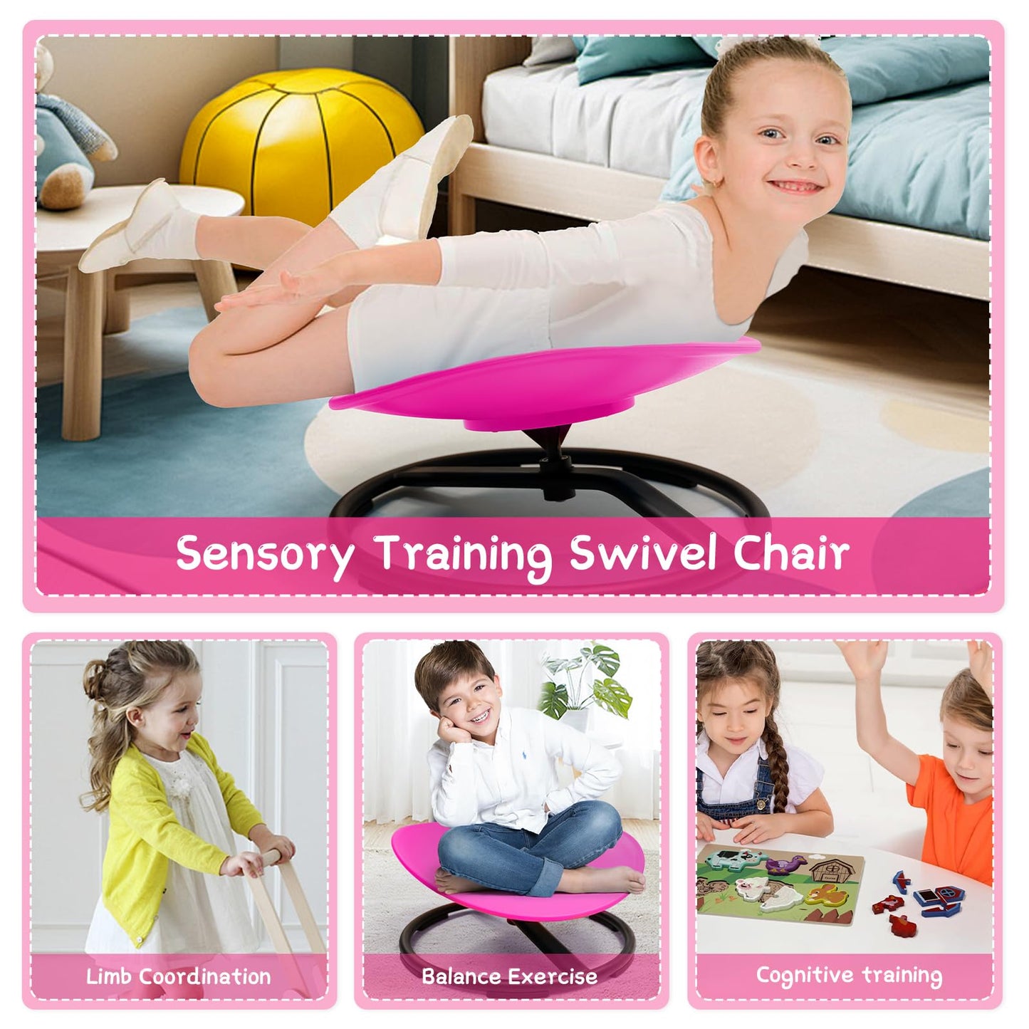 LWuuywa Kids Sensory Swivel Chair, Sensory Spinning Chair for Autism Kids, Body Coordination Training Chairs, Spin Seat, Metal Base, Non-Slip Design (Rose)