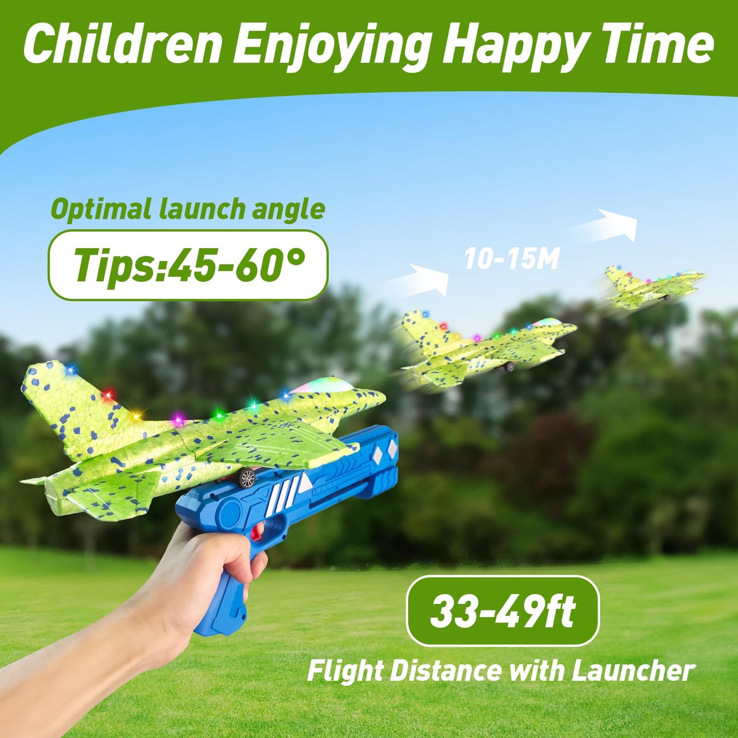 CRILARY 3 Pack Airplane Launcher Toys for Kids, 13.2'' LED Foam F-15 Fighter Jet & Glider, 2 Flight Modes Catapult Plane Outdoor Flying Toy, Easter Birthday Gifts for Boys Girls Ages 4-12