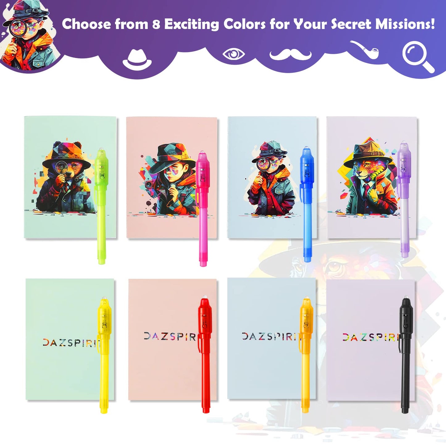 DazSpirit 32 Pack Invisible Ink Pens with UV Light, Detective Notepads & Gift Bags, Classroom Prizes, Treasure Box Fillers, Goodie Bag Stuffers, Spy Party Favors for Kids 8-12, Prize Box Toys