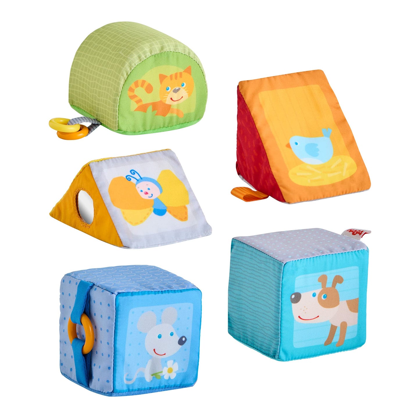 HABA Animal Soft Baby Blocks for 6-12 Months - 5 Geometric Shape Baby Sensory Toys with Rattle, Mirror, Squeaker & Crinkle Foil, Soft Building Blocks for Babies 6-12 Months