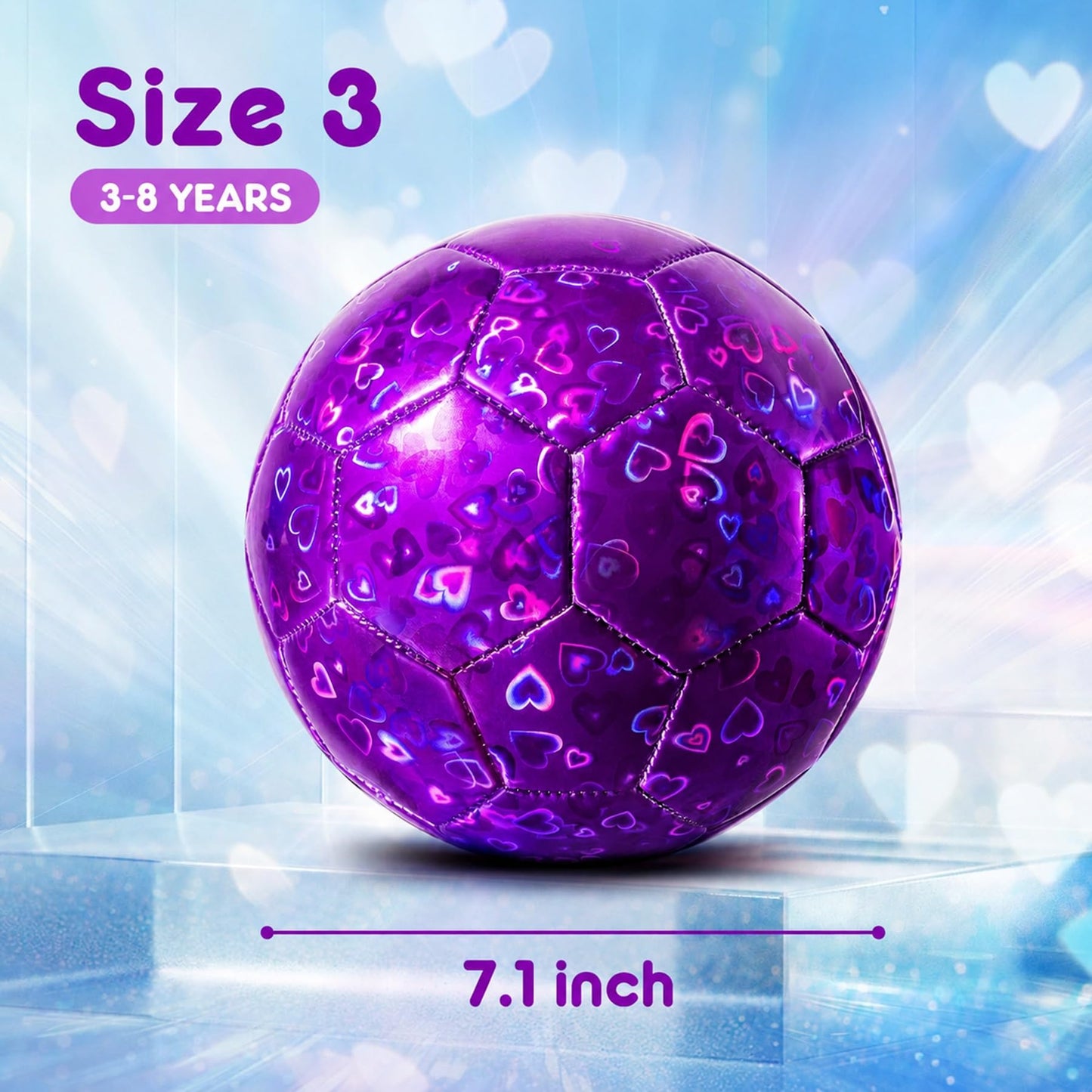 Paokoo Soccer Ball Size 3 - Glitter Purple Heart Training Ball Small Soft for Boys Girls 3-8 - Great Soccer & Birthday Gift for Toddlers & Kids Back to School Indoor Outdoor Games