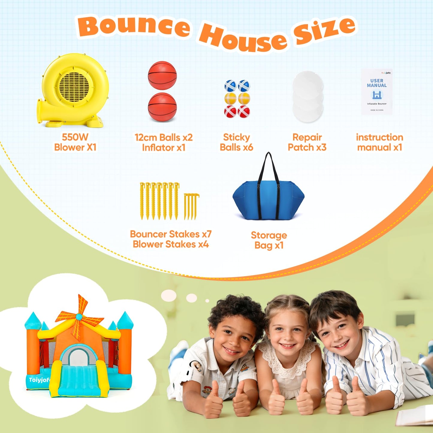 Bounce House for Big Kids 5-10, 12.5FT Windmill Inflatable Bouncy Castle with Slide & Games, Outdoor Backyard Birthday Party Jumper with Blower, Fits 4 Kids