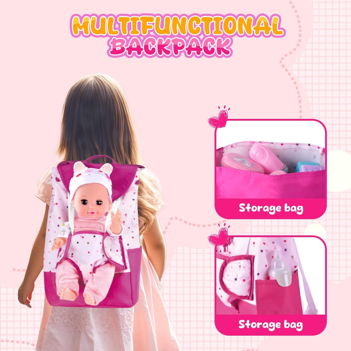 AuntyFey Baby Doll with Accessories Set, Baby Dolls Set for Toddler Girls 3-5 6-12, Baby Doll Playset, Baby Dolls for 5 Year Old Girls, Baby Doll Toys Pretend Play Toy(Backpack)