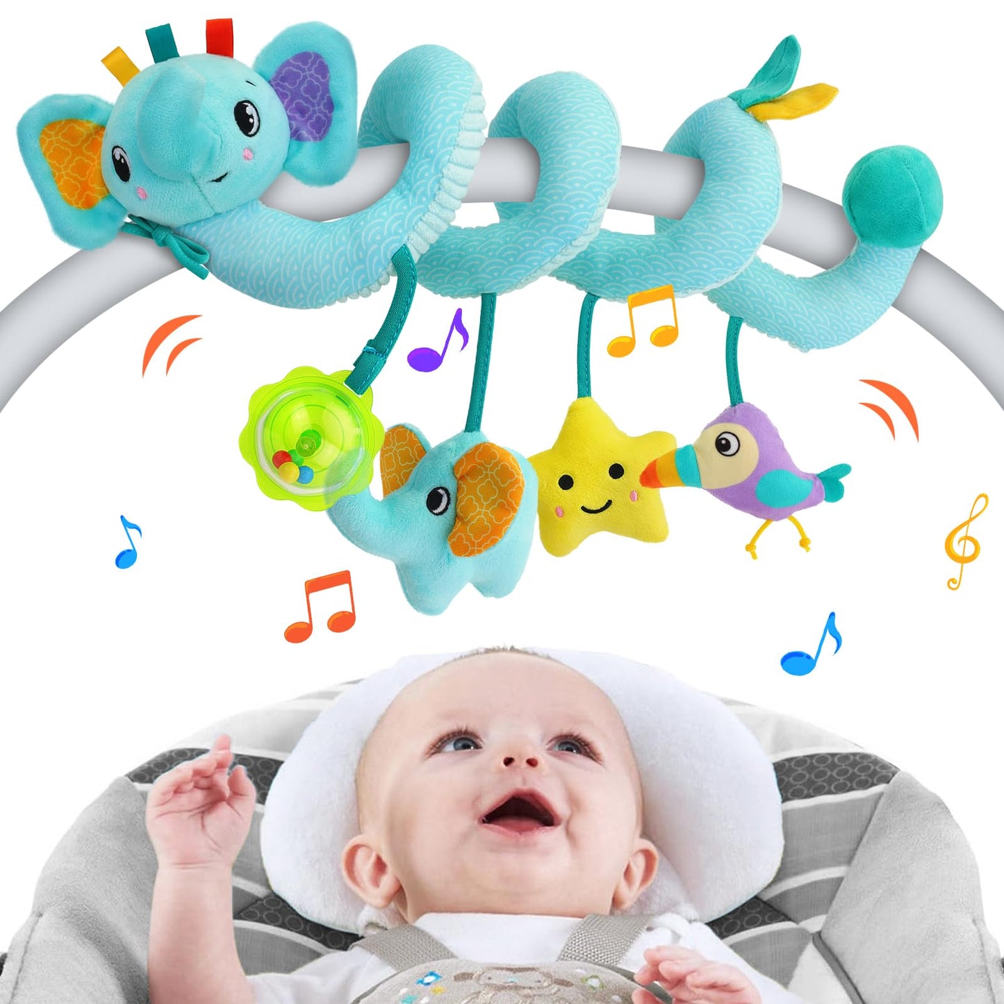 Spiral Car Seat Activity Toy, Stroller Arch Toy, Baby Crib Toys Hanging for Infant Boy Girl Ages 0-12 Months, Newborn Sensory Toy with Rattle, Squeaky, Ringing Bell for Bassinet, Stroller, Crib