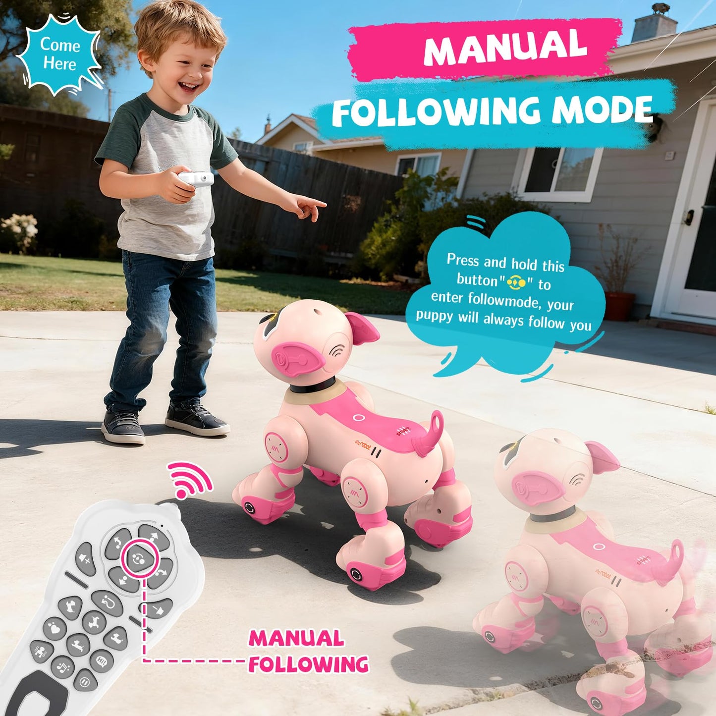 PRANITE Robot Dog Toy for Kids, RC Smart Programmable Robotic Puppy Interactive Touch Music Remote Control Follow Mode Fun STEM Educational Learning Toy Rechargeable Pink AI