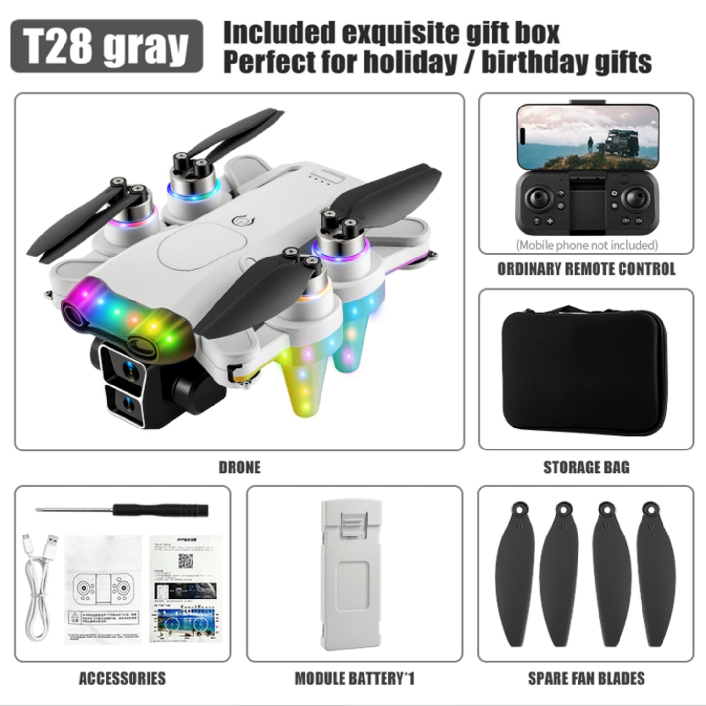 Toys for Ages 8–13, Drone with Camera for Kids with Fancy LED Lights, 2.4GHz Remote Control, One Battery, Indoor & Outdoor Toy Gift