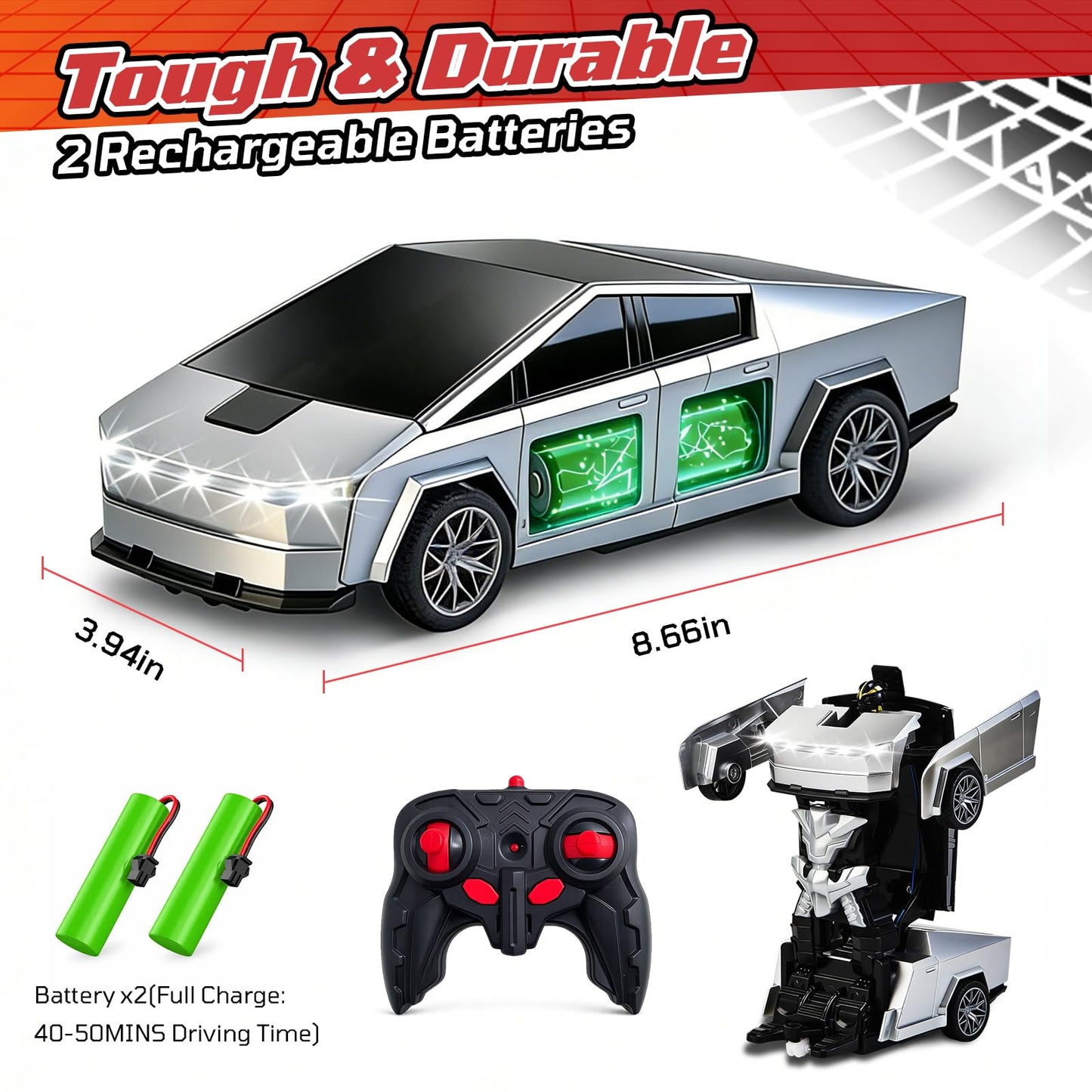 Transform RC Cybertruck Toy Car, 2.4GHz 2 in 1 Transform Toys for Boys 4-6 6-8, Remote Control Car for Kids, 360° Rotating RC Cars for Boys Age 8-12, Cyber Truck Transform with Lights and 2 Batteries