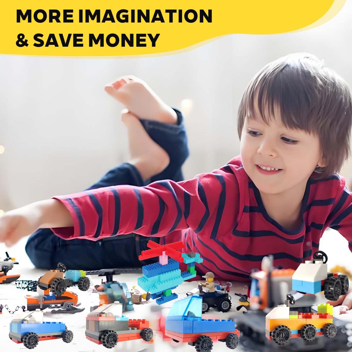 Jodicody 1100 Pieces Building Bricks, Classic Bulk Building Blocks for Kids with Wheels and Axles Sets, Steering Wheels, Windshield, Compatible with All Major Brands, Gifts for Boys Girls Age 6+