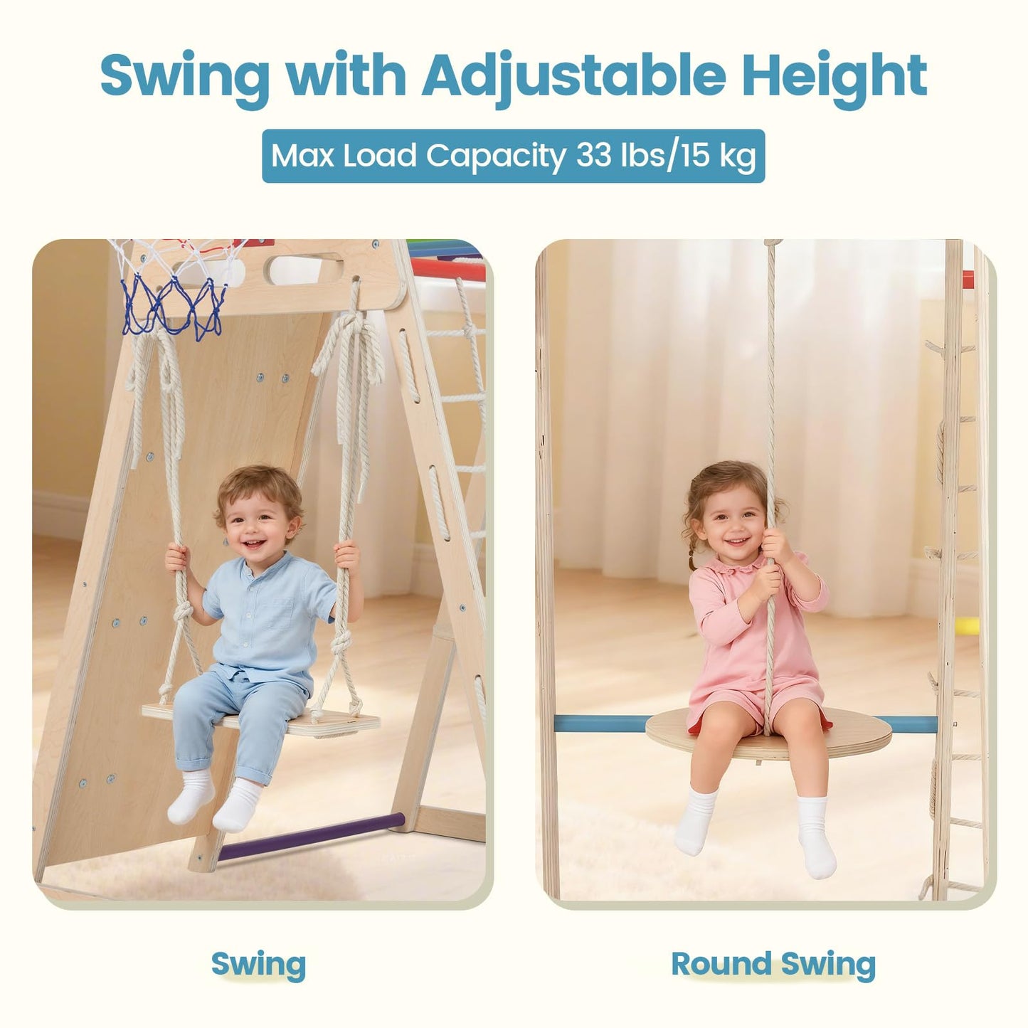 OLAKIDS Indoor Jungle Gym, 9 in 1 Wooden Montessori Baby Climbing Toys with Adjustable 2 Swings Ramp, Monkey Bar Basketball Hoop Ladder Climb Net (Colorful)