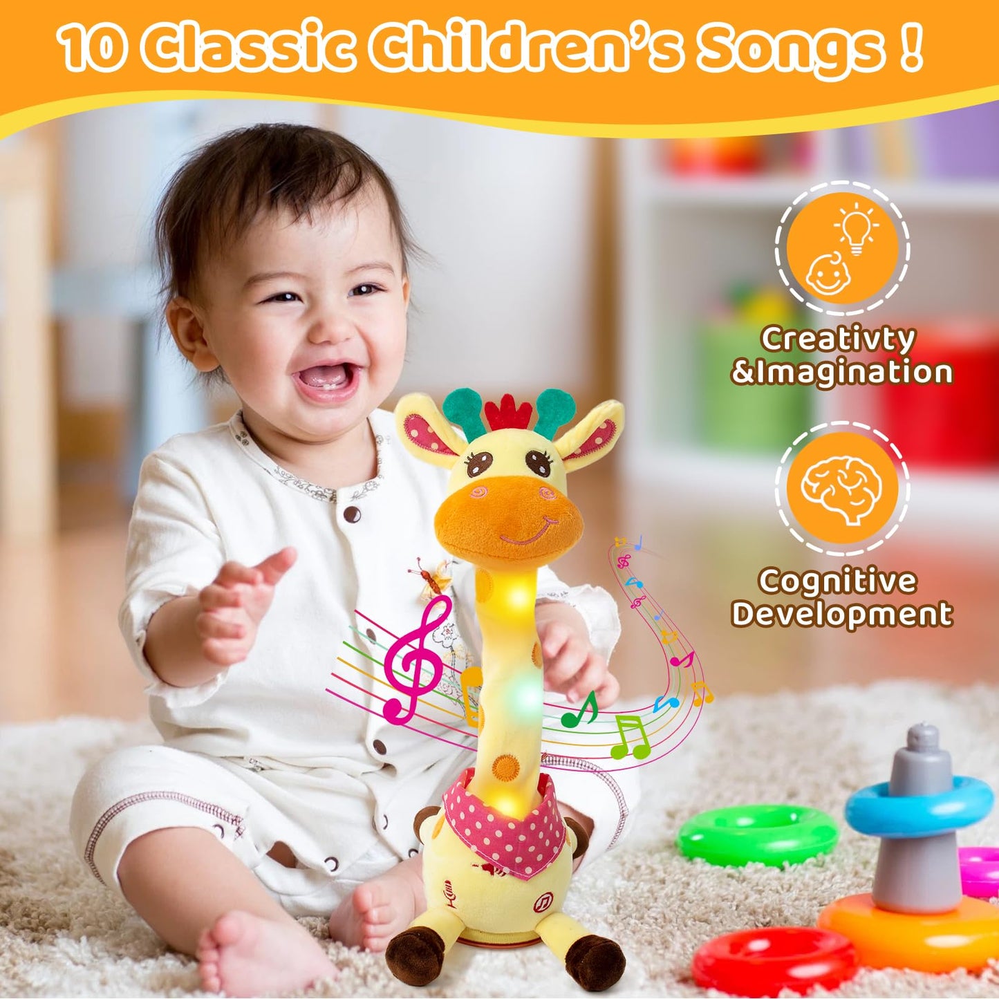 Emoin Dancing Giraffe Toy, Tanlking Giraffe Toys Musical Mimicking Toy, Singing 10 Pcs Songs for Baby Boys Girls, Repeating What You Say, Sing+Dancing+Recording+LED