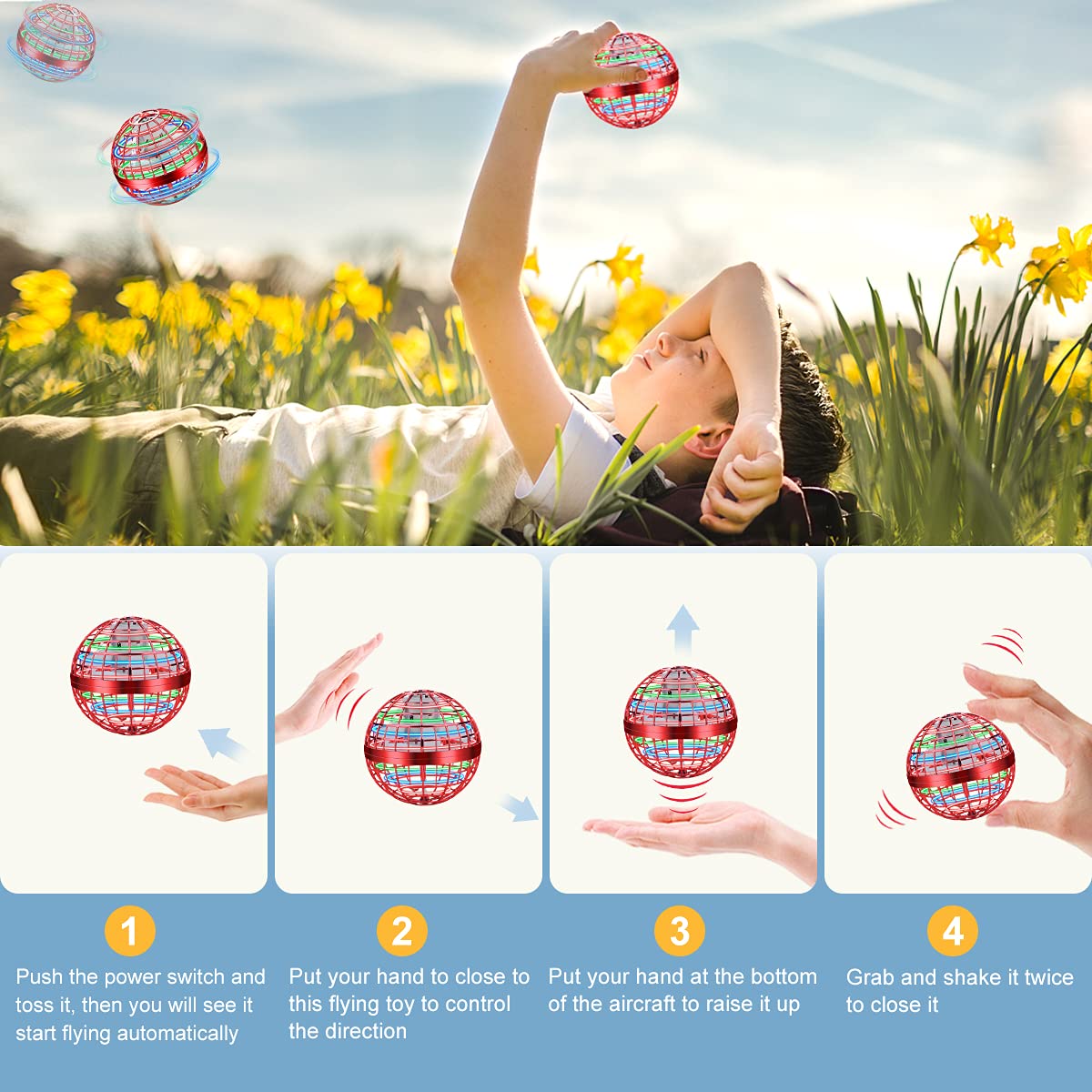 Junywell Flying Orb Ball Toy,Boomerang Ball, Hover Hand Mini Drone Cosmic Globe, Fly Spinners for Kids Adults Indoor Outdoor Toys, Cool LED Lights Toys for 6 7 8 9 10+ Years Old Boys Girls Gift