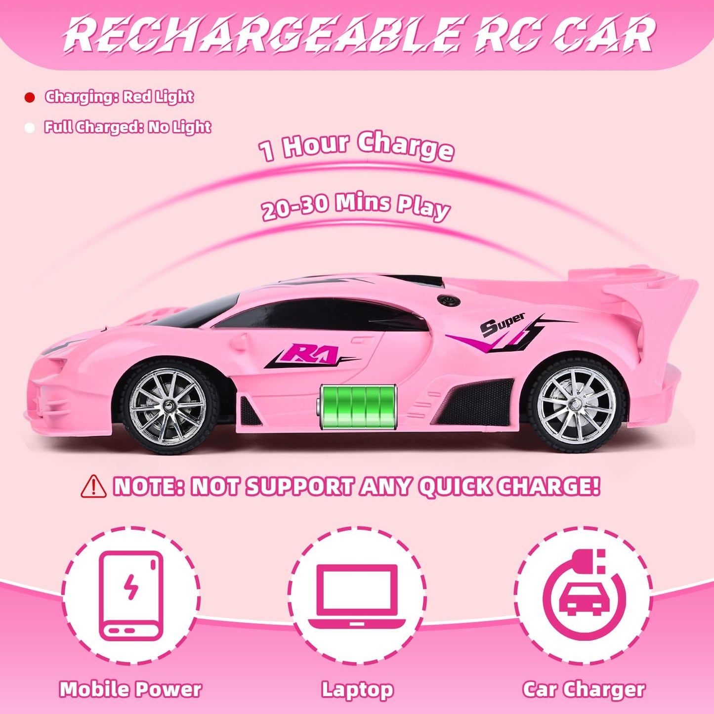 KULARIWORLD Pink Remote Control Car for Girls, Rechargeable High Speed Drift RC Cars Toys Gifts for Girl Age 6 7 8-12,1/18 Super Vehicle with Headlight Racing Hobby Xmas Birthday Gift