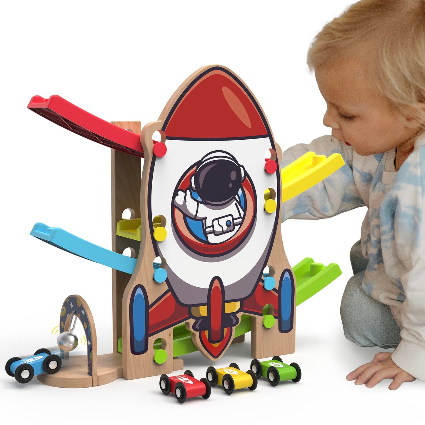 Letoiz Wooden Race Track Car Ramp Racer Toy for Toddlers, Rocket Car Ramp Toy Vehicle Playsets with 4 Mini Cars - Fine Motor Skills Toddler Toys for 2 3 Year Old Boy and Girl Birthday Gifts