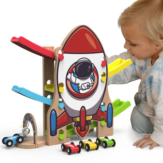 Letoiz Wooden Race Track Car Ramp Racer Toy for Toddlers, Rocket Car Ramp Toy Vehicle Playsets with 4 Mini Cars - Fine Motor Skills Toddler Toys for 2 3 Year Old Boy and Girl Birthday Gifts