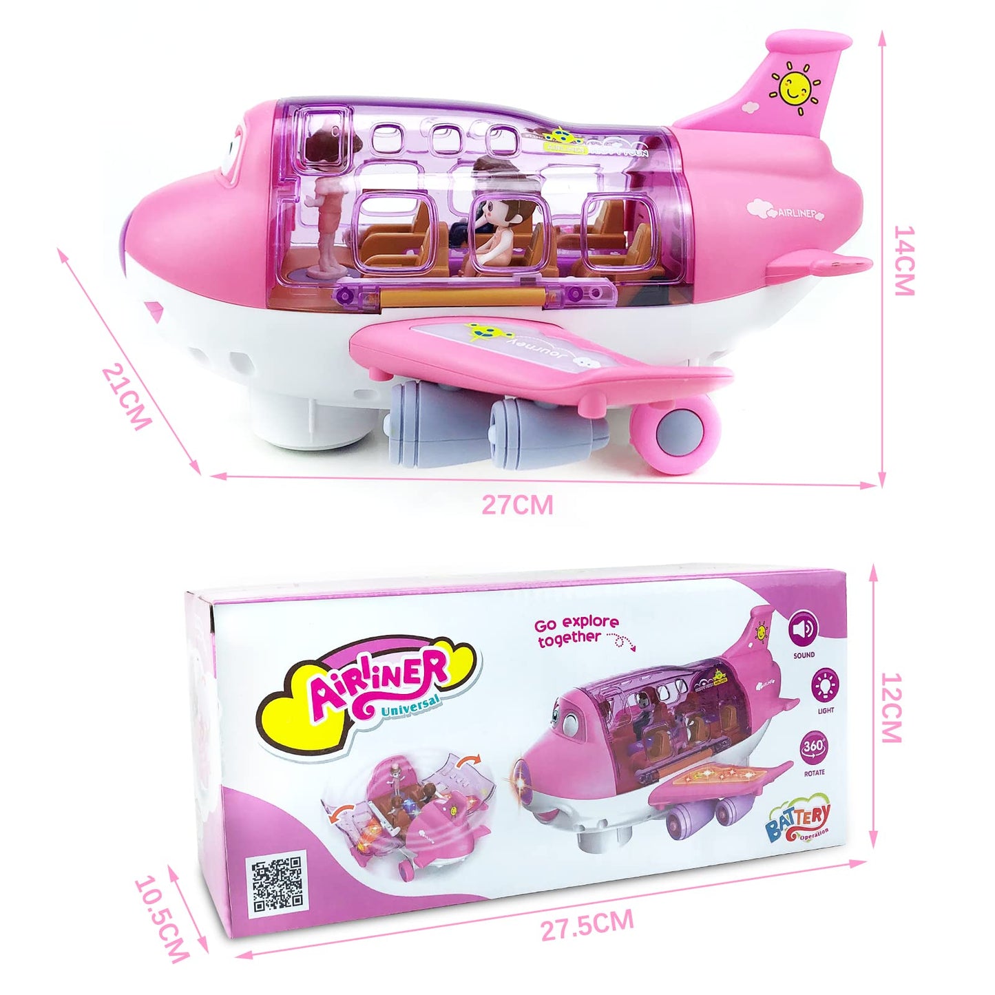 Ynybusi Pink Airplane Toys for Toddlers 1-3-5, Toy Airplane for 4-8 Year Old Boys Girls Birthday, Toddler Toys Bump and Go Action Air Plane with LED Flashing Lights & Sounds (Pink)