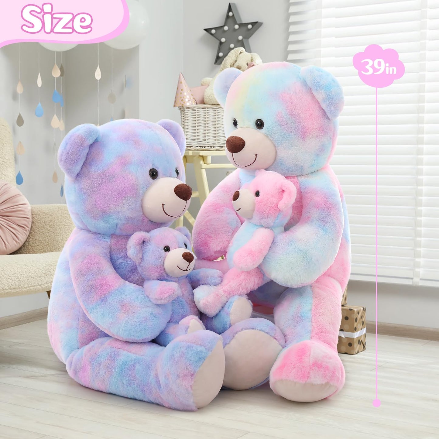 Tezituor Big Teddy Bear with Baby, 39 inch Large Mommy Teddy Bear with Baby, Giant Stuffed Bear for Kids, Girlfriend on Mother's Day, Valentine, Christmas, Baby Shower, Tie-dye Pink