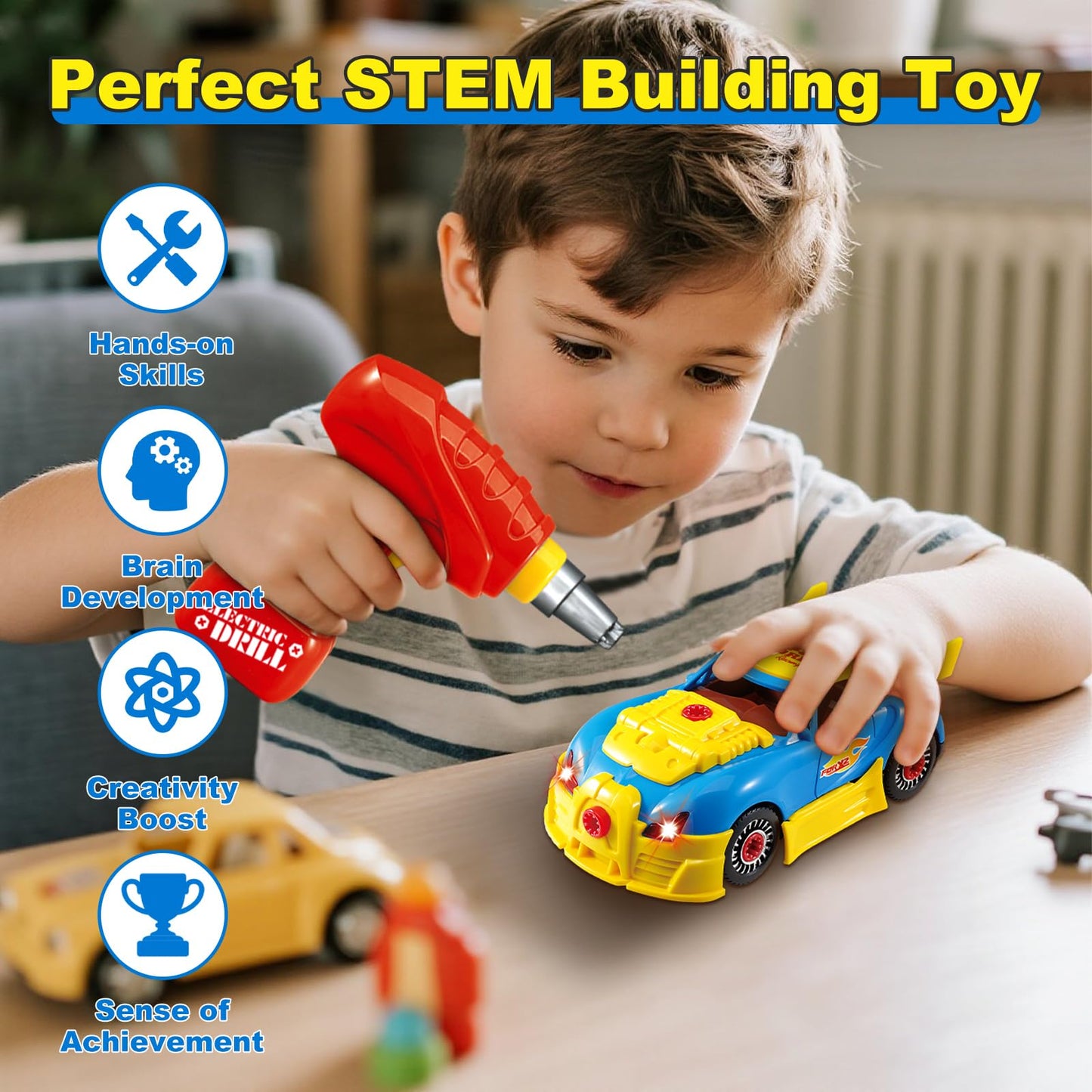 Pup Go Construction Toys for Kids 3 4 5 Years, Take Apart Toy Racing Car, 30 Pieces Building Toys with Electric Drill, Build Your Own Car, Realistic Sounds & Lights, Buildable Gifts (4 Spare Screws)