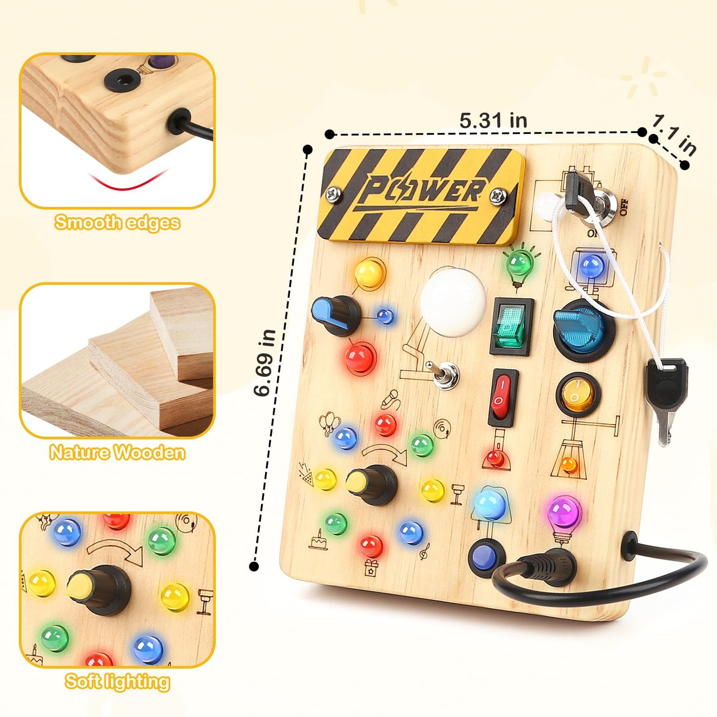 LED Busy Board for Toddlers 1-3,Montessori Sensory Toy with Key Switch and Plug, Light Up Wood Activity Switch Board for Fine Motor Skills, Educational Travel Toy Gift for 1 2 3 Year Old Boys Girls