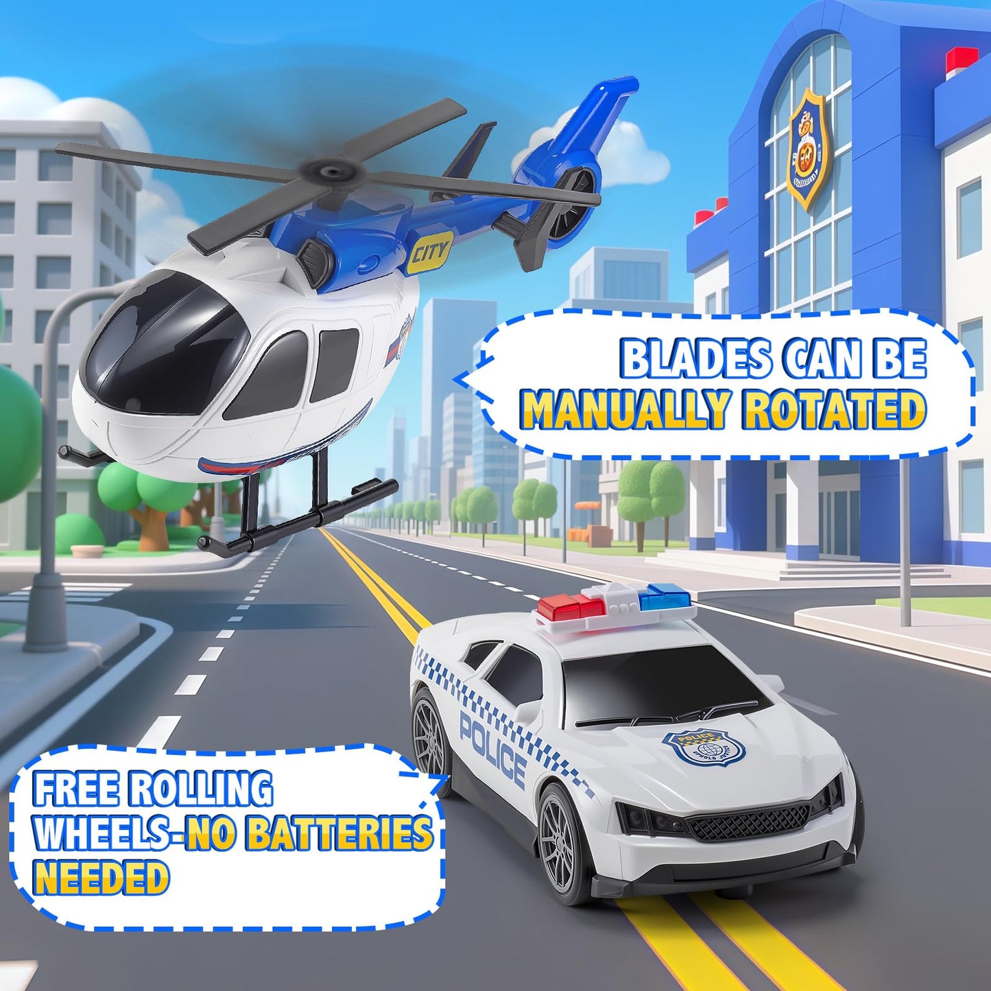 WEMOKA Police Truck Toys for Toddler Boy 3 4 5 6 Year Old, 22.5" Semi Truck Toy with Racing Car and Helicopter, Openable Doors, Realistic Sounds and Lights, Birthday Gifts for Kids Child