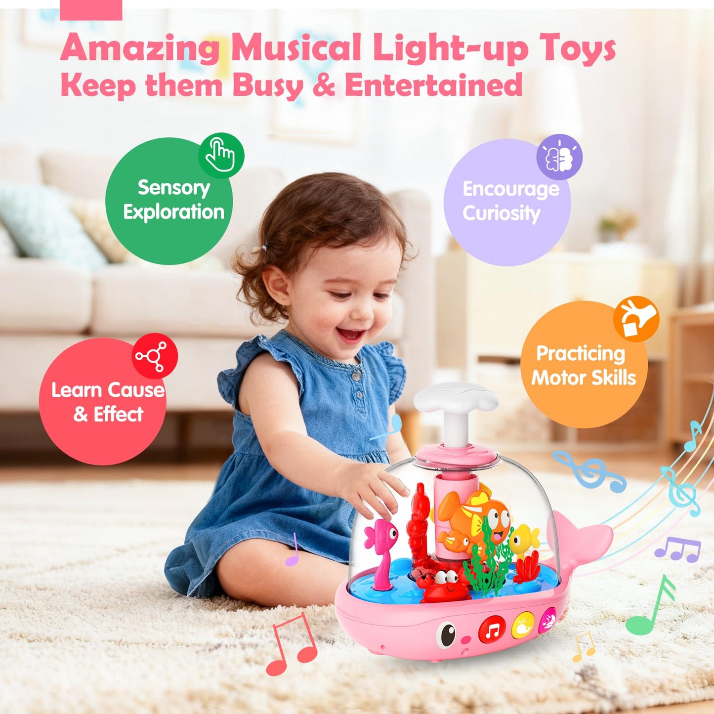 DUPHLAGT Baby Girl Toys 6-12 Months - Press & Spin Aquarium Light Up Musical Toy for Infant Toy 9-12-18 Months - Bilingual Learning Toddler Toys for 1 2 3 Year Old Boy Girl (Pink)