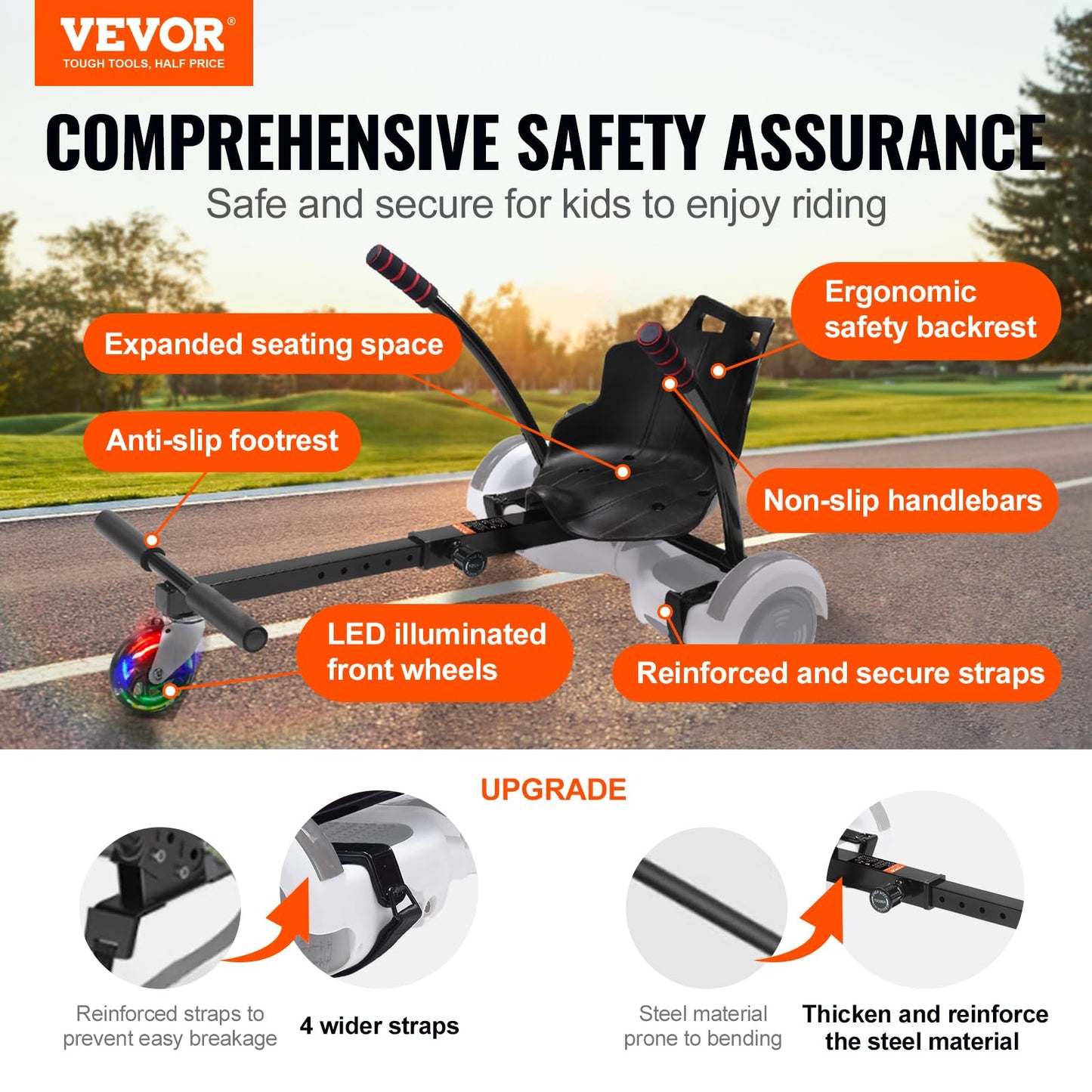 VEVOR Hoverboard Seat Attachment with LED Lights, for 6.5" 8" 8.5" 10" Hoverboards, Adjustable Frame & Grips Control, 220 LBS Load Capacity, Hoverboard Go Karts Accessory for Kids and Adults