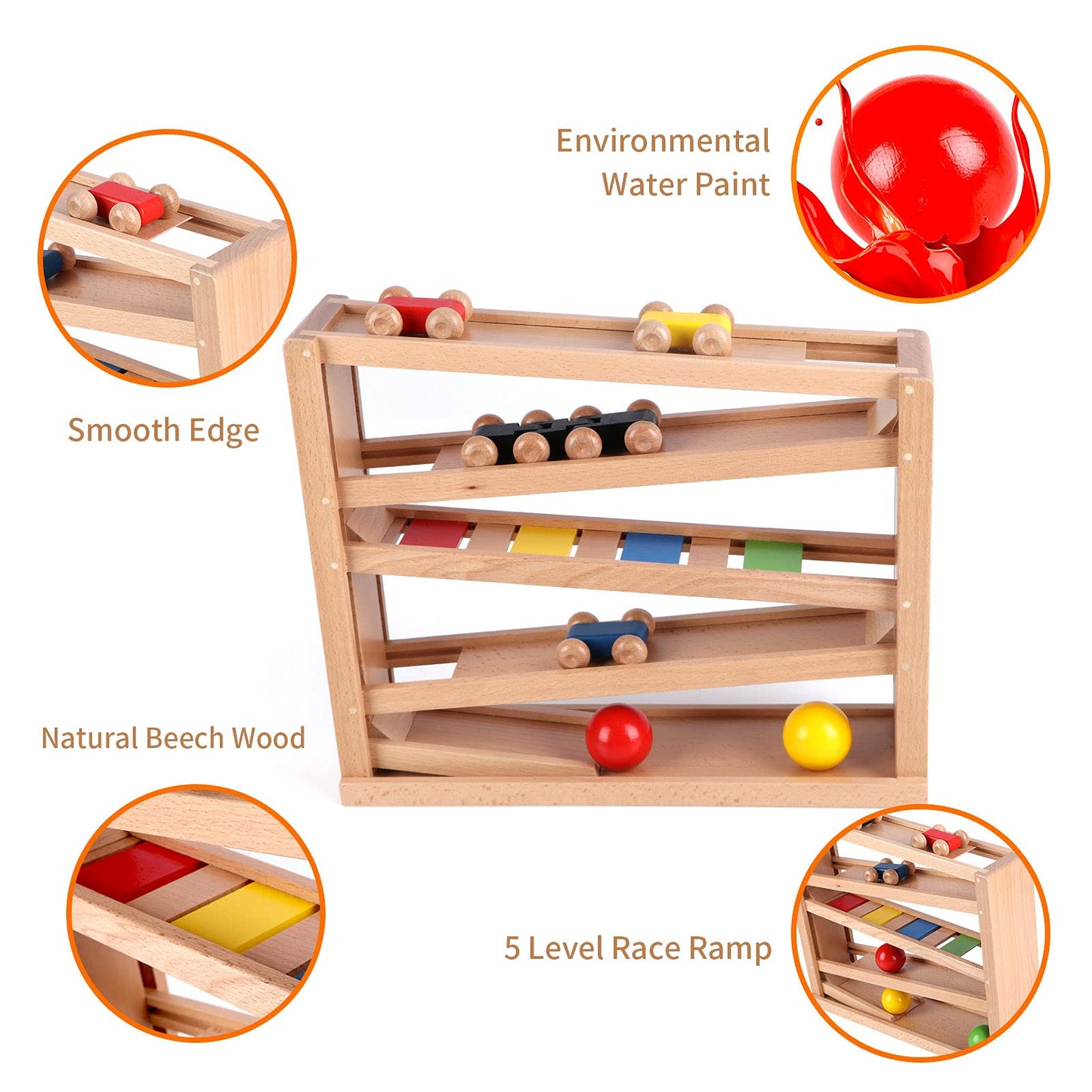 Qilay Wooden Race Track Car Ramp Racer Toy for Toddlers, 5 Level Race Car Ramp Toy Set Includes 4 Wood Cars and 3 Balls,Great Building Learning Toys or 3+ Years Old Boy and Girl