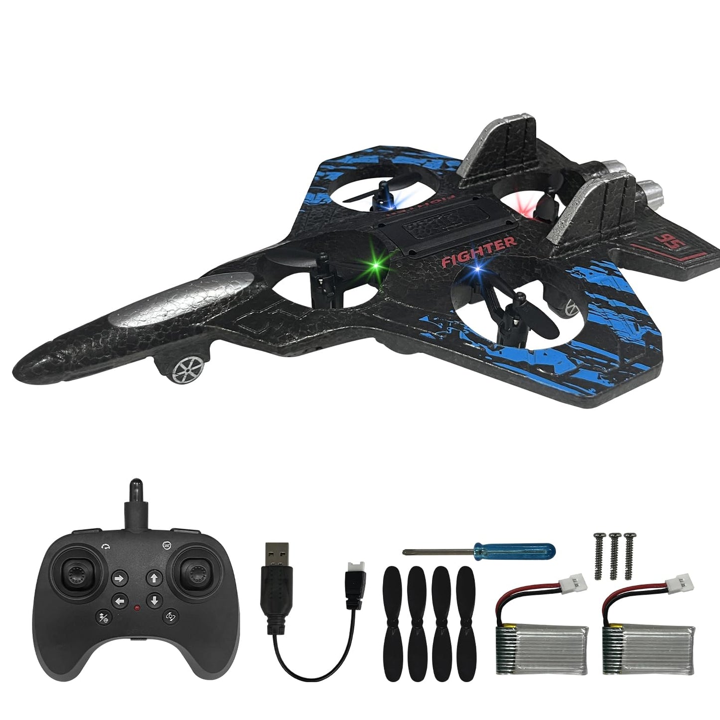 RC Airplane for Kids and Beginners, 2.4GHz Form Drone Remote Control Airplane with 2 Batteries, 360° Drop-Resistant Stunt Spin Remote Fighter Jet with Lights Outdoor Flying Toy (Blue)
