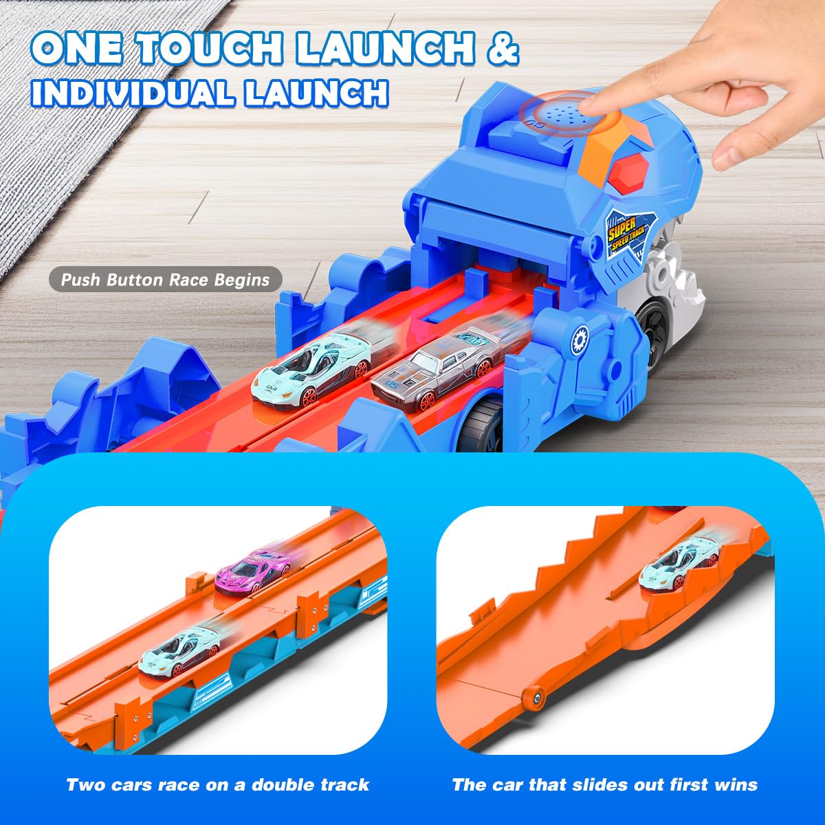 TERRAMUS Dinosaur Transport Truck Toy for Kids - 3 in 1 Ejection Folding Track Toys w/Sound 8 Race Cars, Portable Vehicles Set Best Gift for Boys Girls 3 4 5 6 Years Old - Possesses Invention Patents
