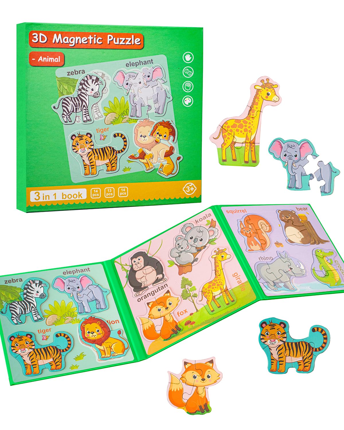 Magnetic Puzzles for Toddlers 1-3, Travel Puzzles for Kids Ages 3-5, Animal Activities Toy Wooden Jigsaw Puzzles Book for Boys & Girls 2-4, Learning Magnet Gift for Road Trip (Animal)