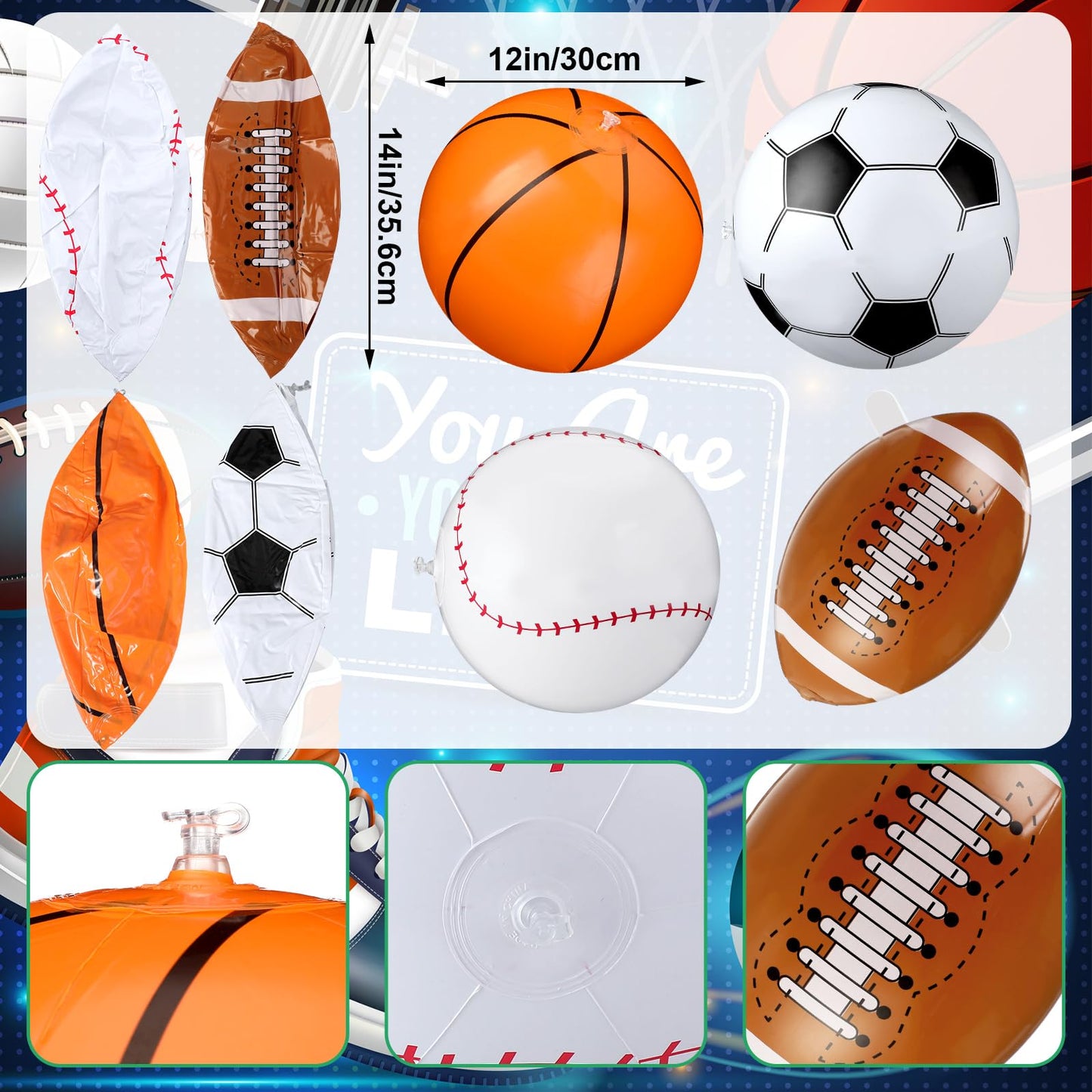 JolliLudo 48 Pcs Inflatable Sports Beach Balls wtih Glasses for Party Favors Variety Pack Basketball, Baseball, Football, Soccer Beach Balls Sports Themed Summer Pool Birthday Decorations