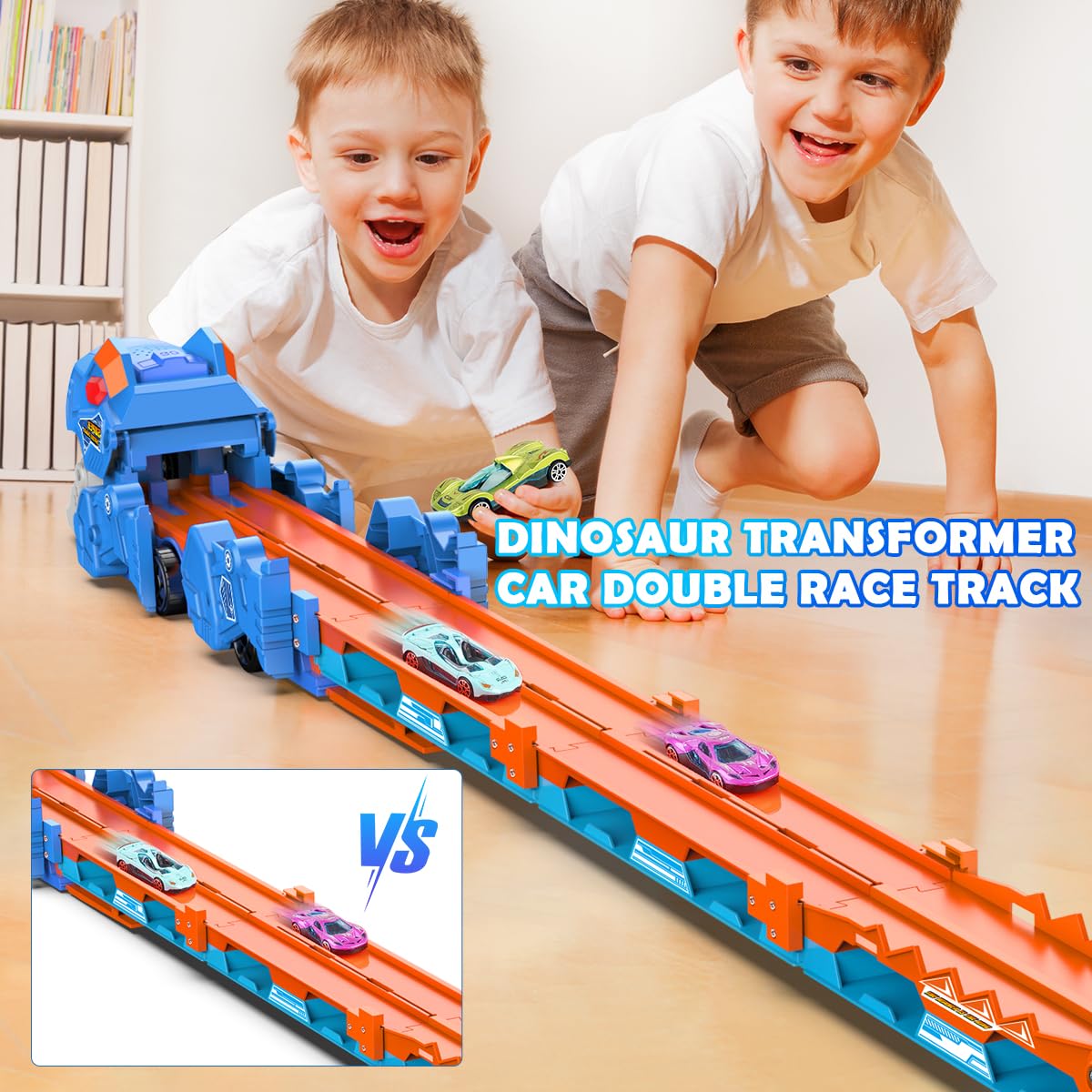 VATOS Toddler Truck Toy - Ejection Folding Dinosaur Track, Portable Truck Car with 8 Race Cars, Best Gift Toy Cars Set for Toddlers 3 4 5 6 7 Years Old