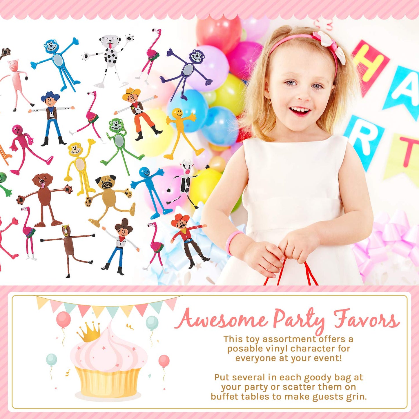 Fun Express Mega Bendable Toy Bulk Assortment 100 Pieces - Party Favors for Kids 4-8 & 8-12 | Classroom Prizes, Treasure Box Toys, Goodie Bag Stuffers | Birthday Party Supplies & Halloween Rewards