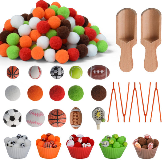 Unvola 242pcs Sports Balls Sensory Bin Filler Fine Motor Toys Ball Sensory Bin Items Easter Soccer Baseball Basketball Football Tennis Sensory Bin Items Pom Poms for Color Counting Sorting