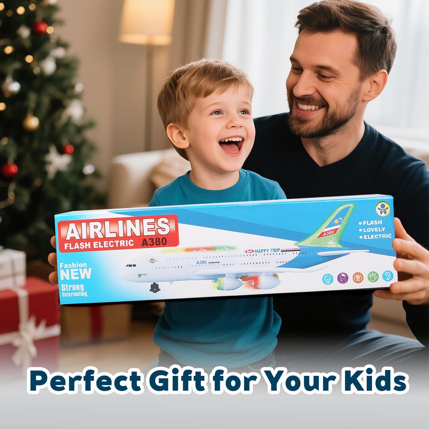 AtomDream Tech Bump and Go Airplane Toy – Realistic Airplane Model with 4D Lights & Sound – Moving Plane Toy for Kids Ages 3-12 – Automatic Direction Change on Collision – Great Gift for Kids(Blue)
