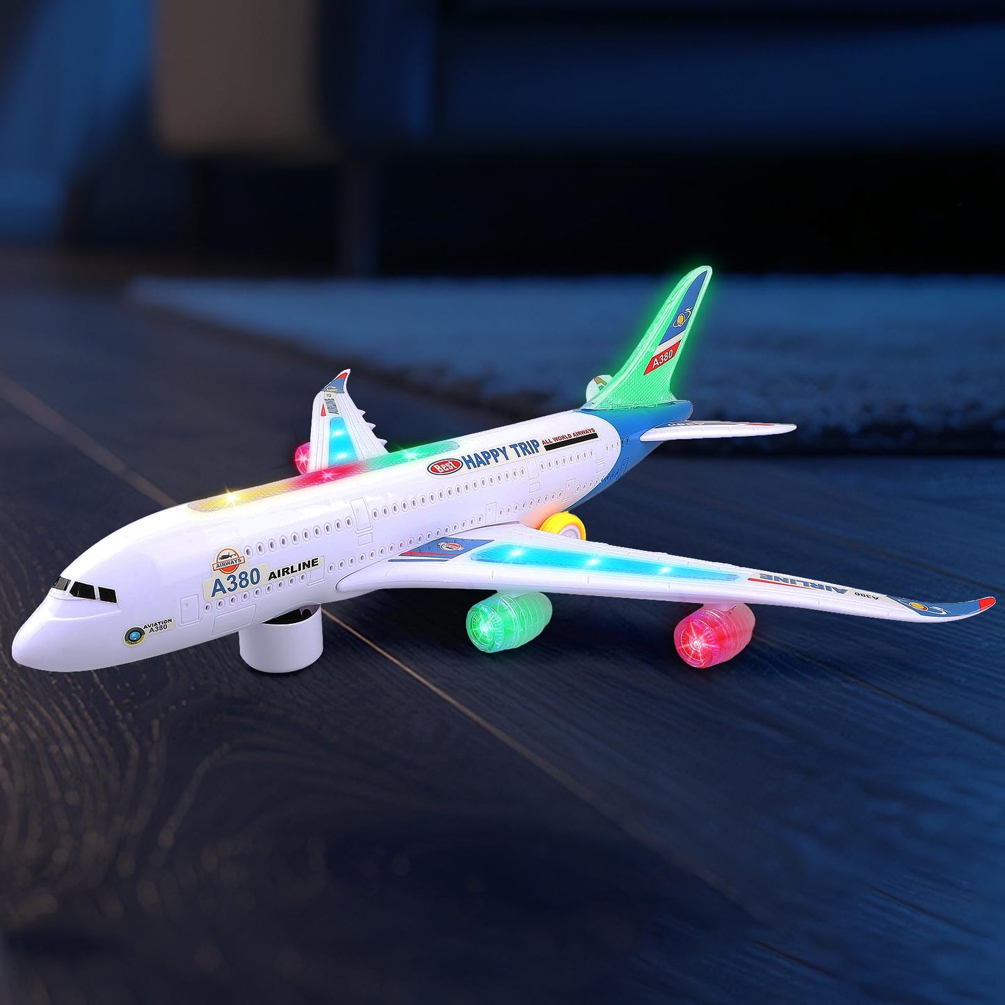 AtomDream Tech Bump and Go Airplane Toy – Realistic Airplane Model with 4D Lights & Sound – Moving Plane Toy for Kids Ages 3-12 – Automatic Direction Change on Collision – Great Gift for Kids(Blue)