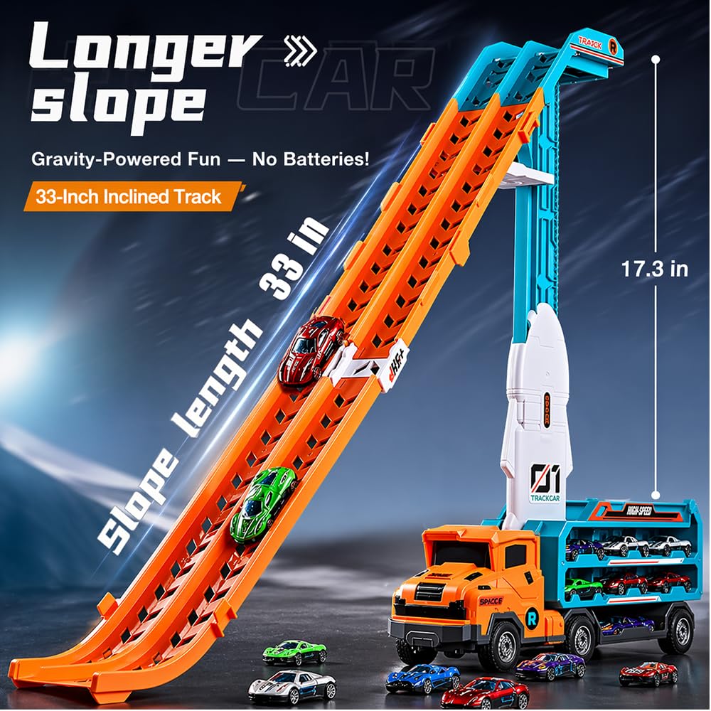 Unimoly Carrier Truck Transport Toy, Foldable 2-Layer Car Race Track Playset with 33" Track & 6 Metal Cars, Birthday Gift for Boys Ages 3-8 (Green)