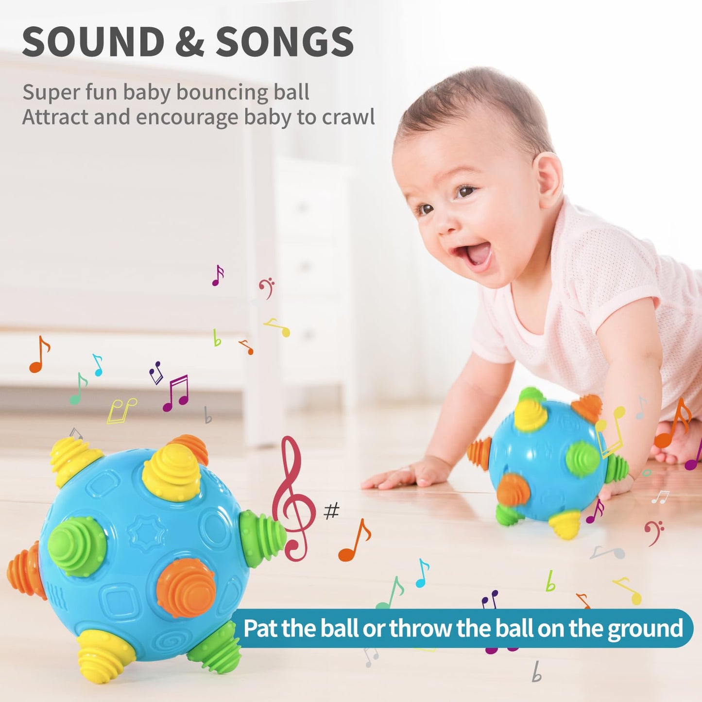 VANLINNY NEW Bumble Ball for Babies,Crawling Sensory Toys for Toddlers,Baby Music Shake Preschool,Dancing Interactive Sounds Infants Toy,Bouncing Learning Ball,Ideal Gift for Boys Girls(Blue)
