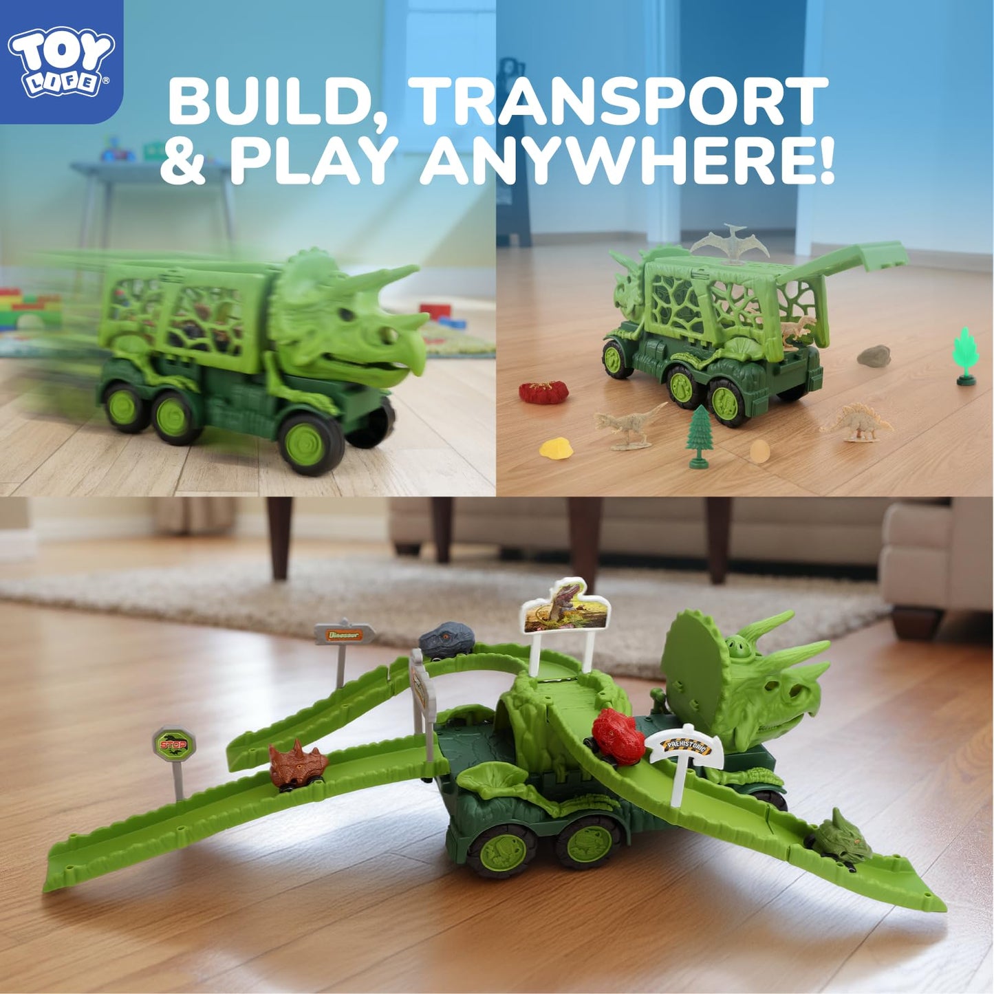 TOY Life Triceratops Dinosaur Truck with Track & Lights & Sounds, Dinosaur Toys for Kids 3-5 Transport Playset with Dino Cars, Fossil & Scene Assembly Toys for 2 3 4 5 Year Old Boys