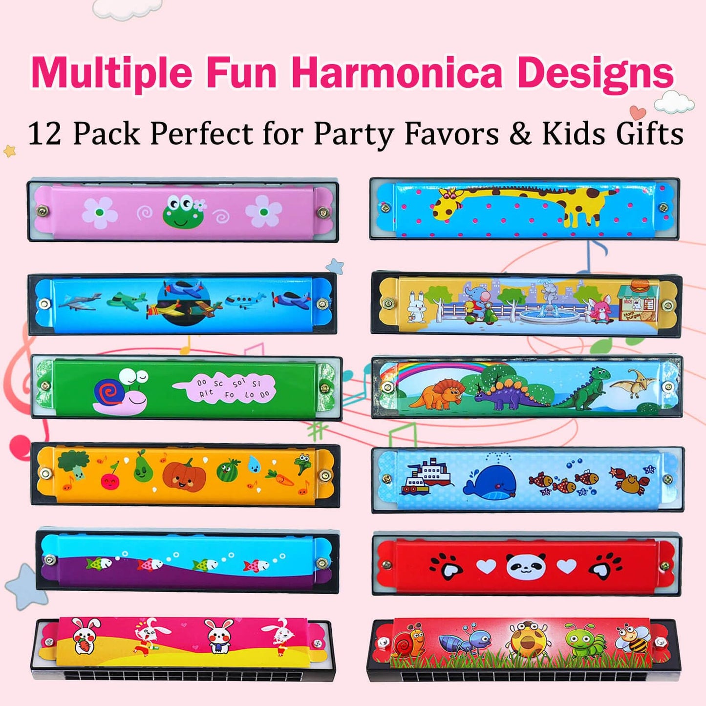 12 Pcs Kids Harmonicas Bulk | 16 Holes Musical Instrument Toys for Birthday Party Favors, Goodie Bag Stuffers, Classroom Prizes & Gifts for Kids Ages 4+
