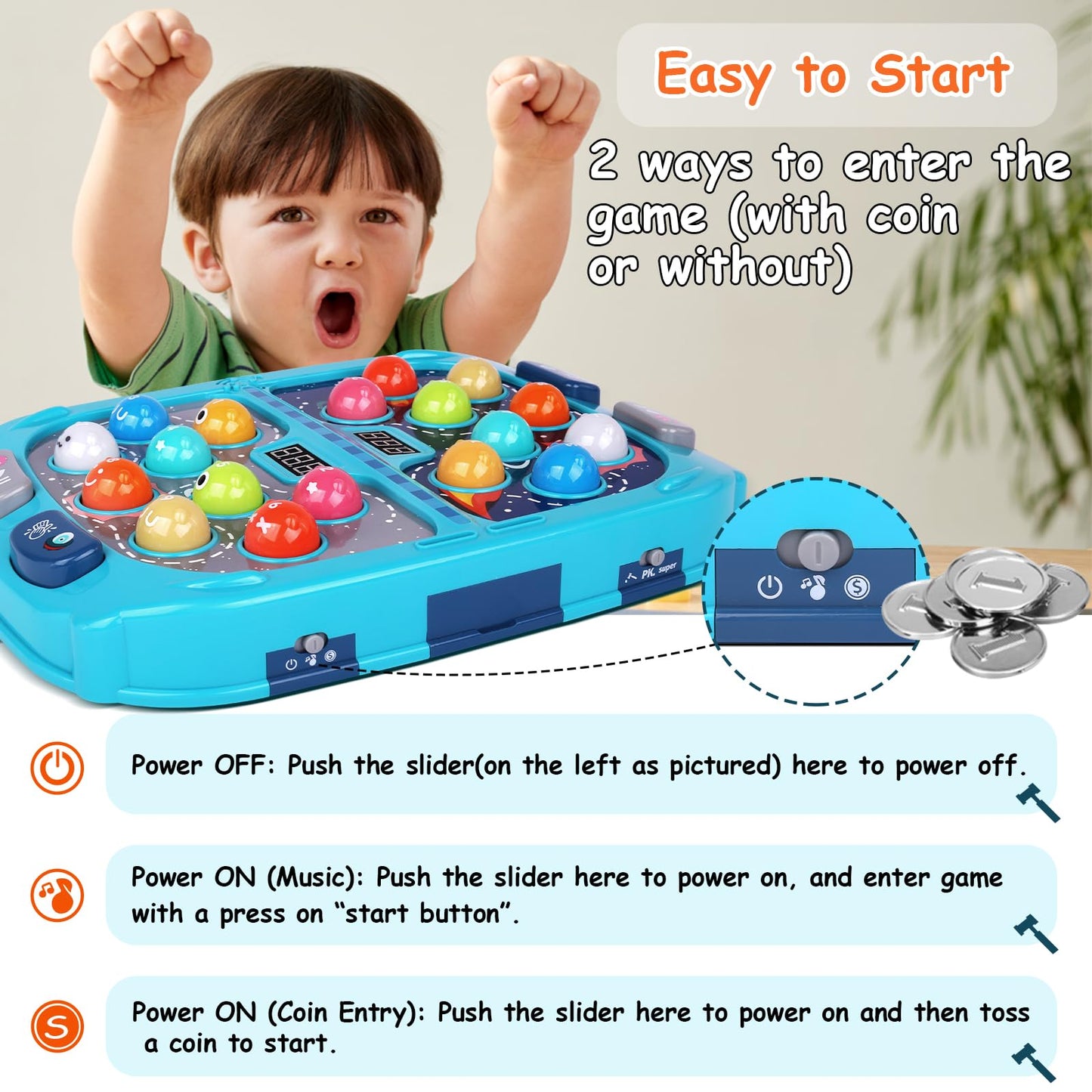 Whack Game Mole for Toddlers, Toys for 3-12 Year Old Boys Girls, Pounding Toys for Age 3-8, Birthday Gifts for 3 4 5 6 7 8+ Year Old Boys Kids, Educational Toy with Sound,Light,PK Mode with 2 Hammers