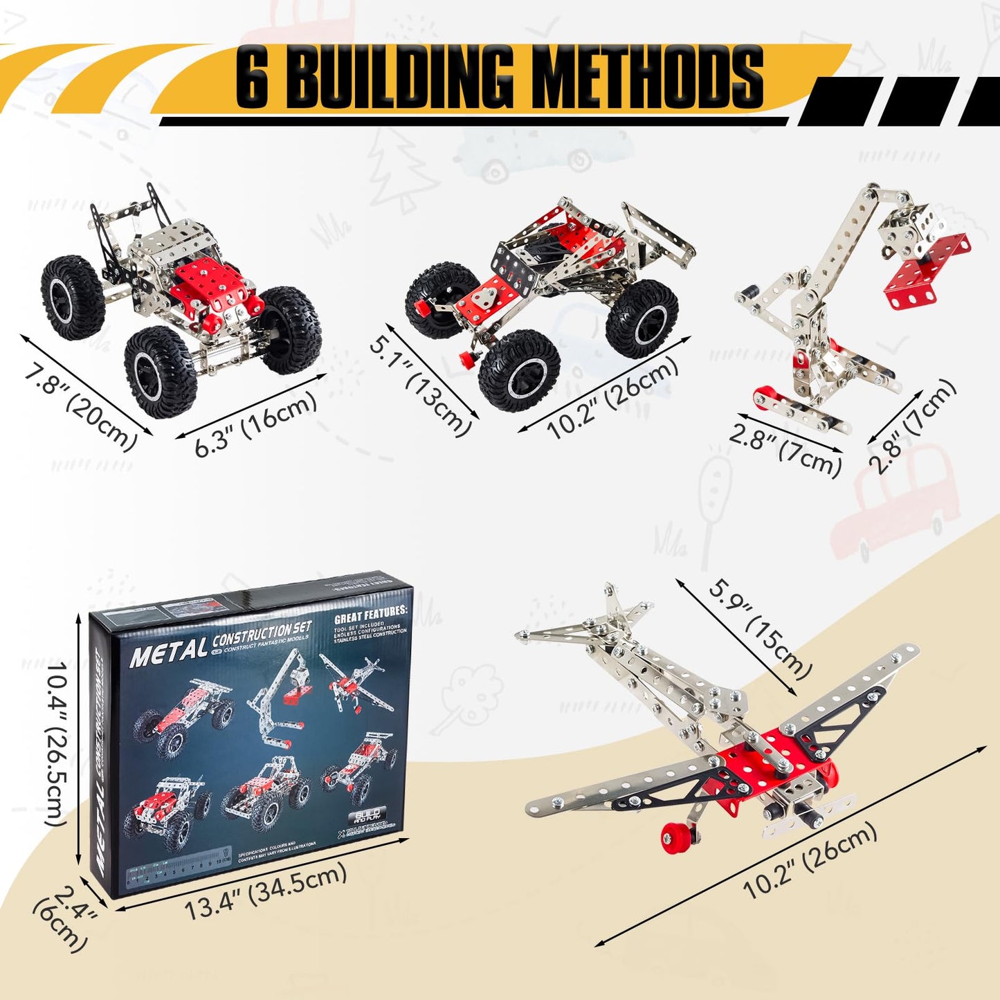 Volico 6-in-1 STEM Kit - Engineering Metal Truck, Airplane and Sports Car Excavator Toy for Boys 8-12 - STEM Building Toys for Kids 5-7, 6-8, 8-10 Educational Toys for Kids Boys Model Kit