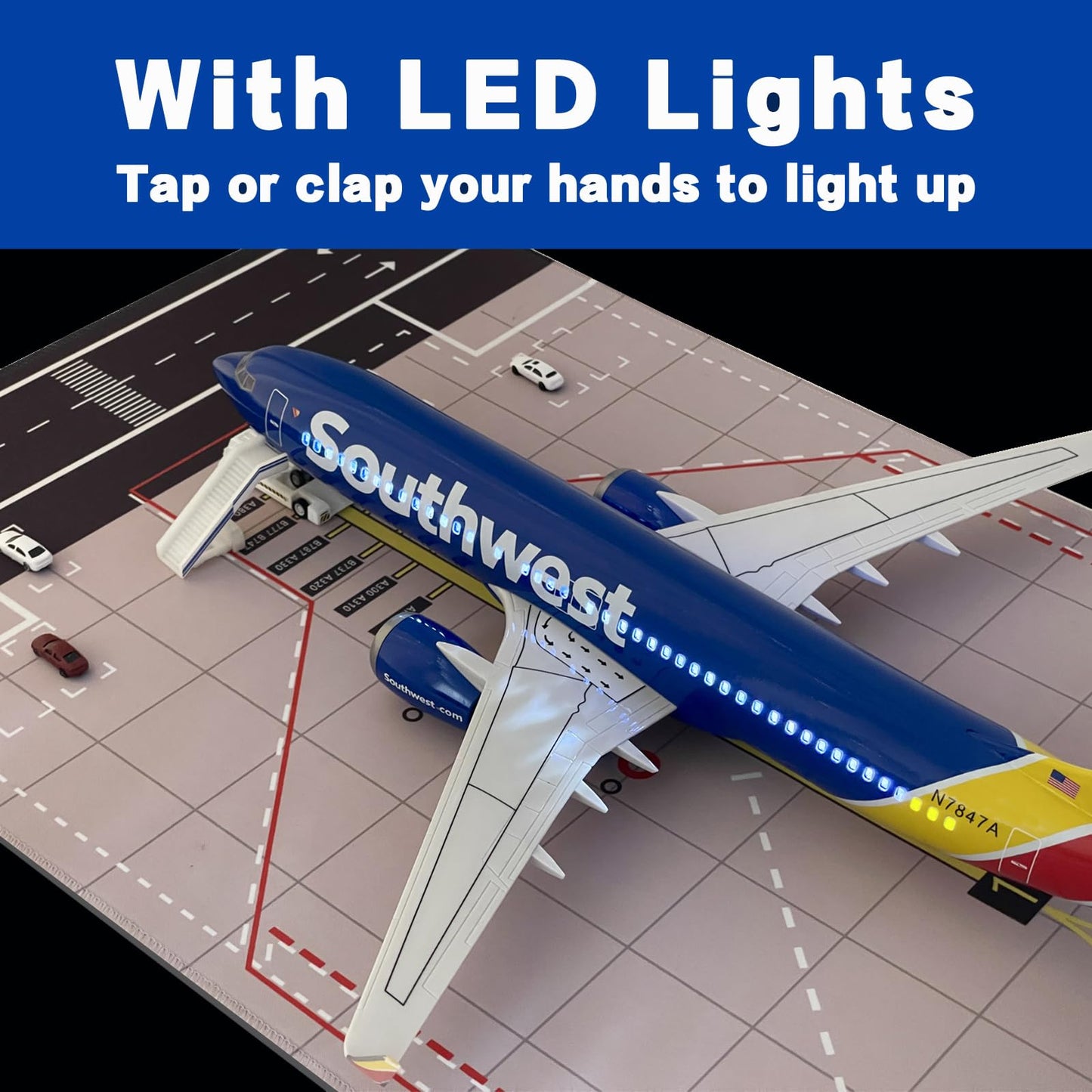 LDQUNS B737 Airplane Model, 1/85 Scale B737 Model 18.5 Inches Length, with LED Lights and Rubber Airport Mat - Ideal Collection and Gift